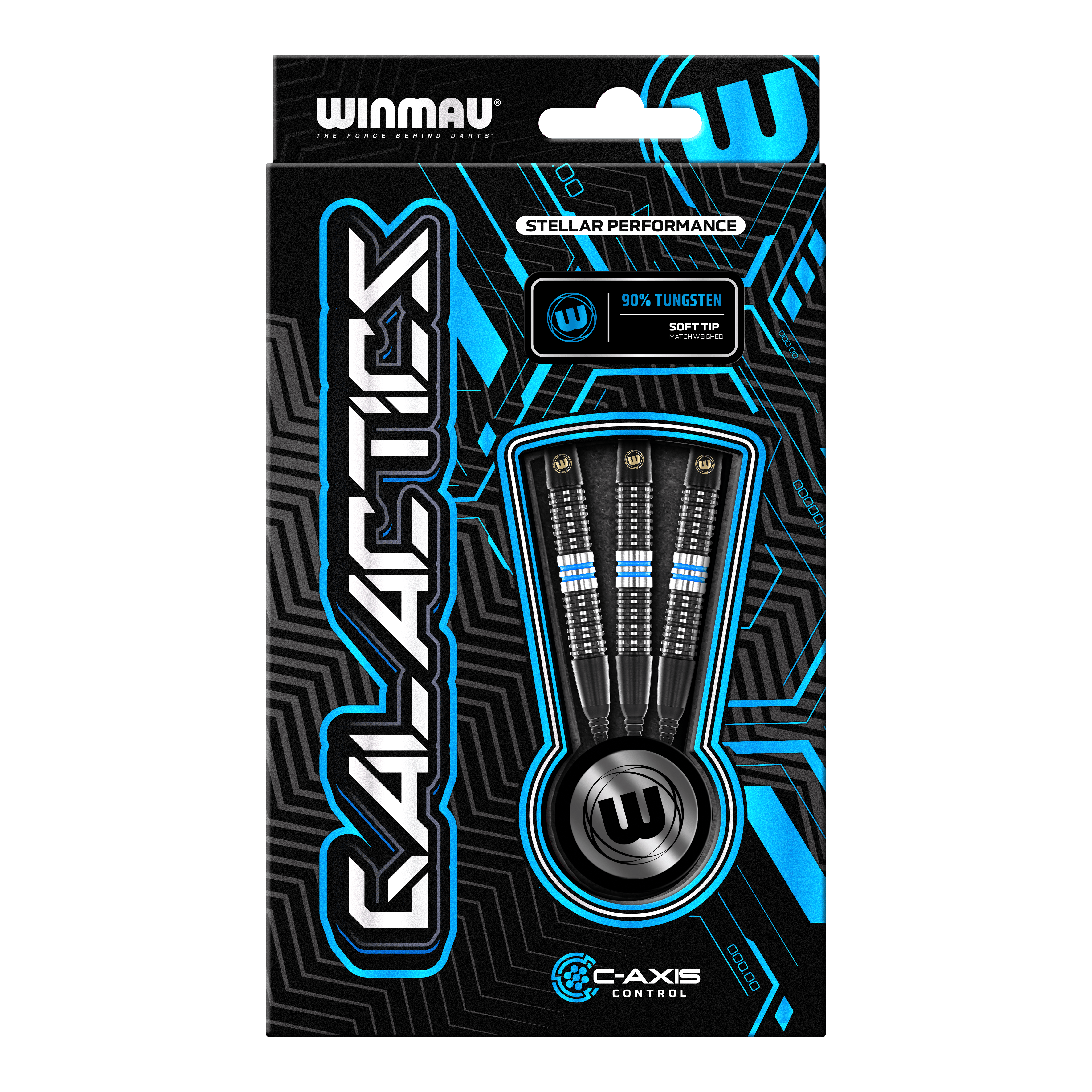 Winmau Galactics zachte darts - 20g Die Abbildung zeigt eine Verpackung der "Winmau Galactics Softdarts - 20g". Das Design ist modern und hebt die wichtigsten Merkmale wie 90% Tungsten und Soft Tip hervor.
