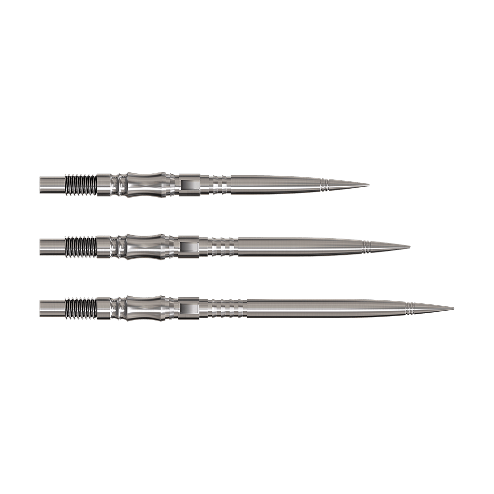 Dartspitzen der Axis Silver Elite Series werden gezeigt. Sie sind silberfarben und funktional gebaut.
