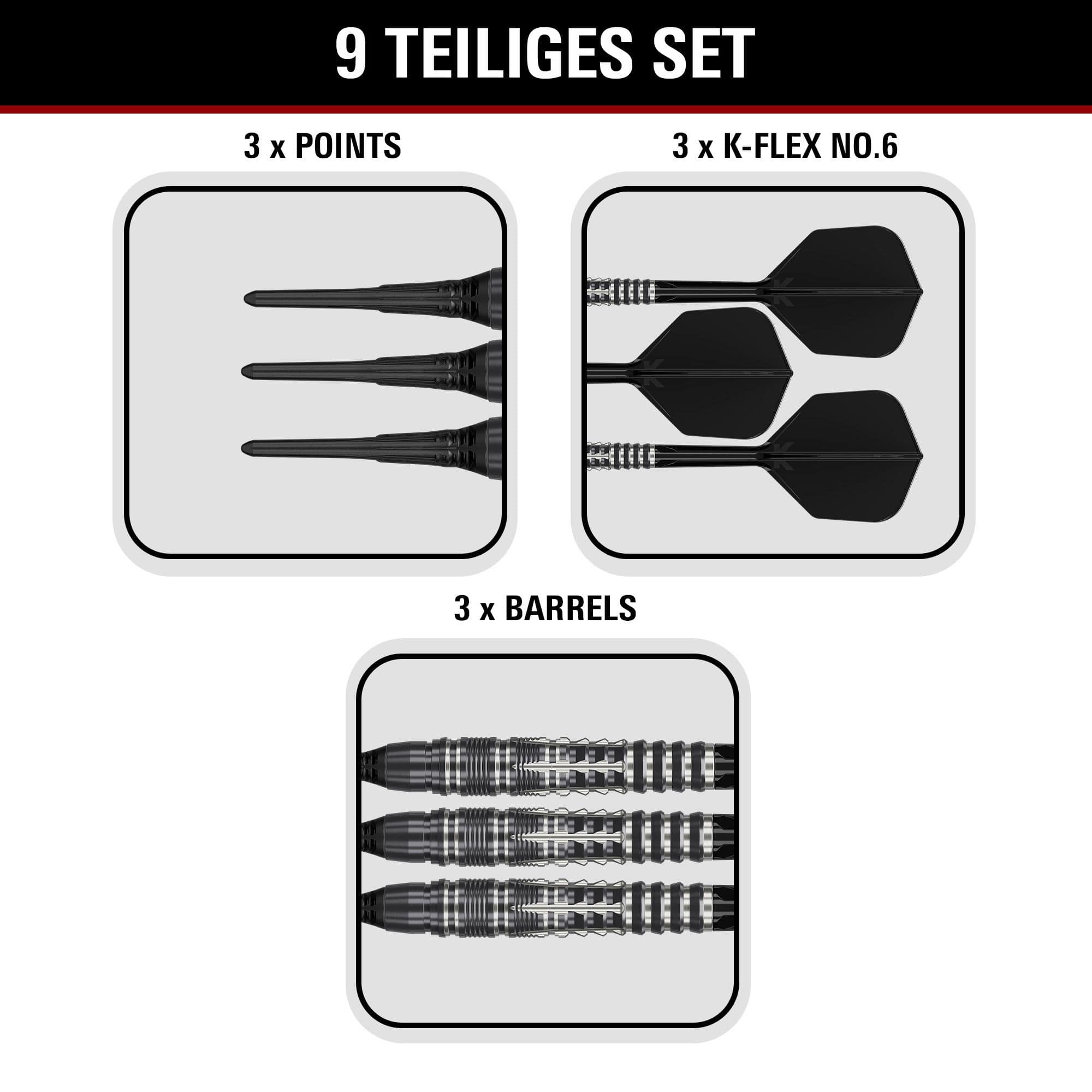 Target Black Marque Blaze Soft Darts - 18 g Gezeigt werden die Target Black Marque Blaze Softdarts mit 18g Gewicht. Diese Softdarts sind für ambitionierte Spieler entworfen.