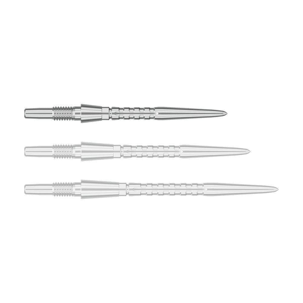 Target Swiss Point Storm Surge stalen dartpunten - zilver Das Bild zeigt drei silberne Steeldartspitzen, die nebeneinander liegen. Sie haben eine gerillte Struktur und eine spitz zulaufende Form.