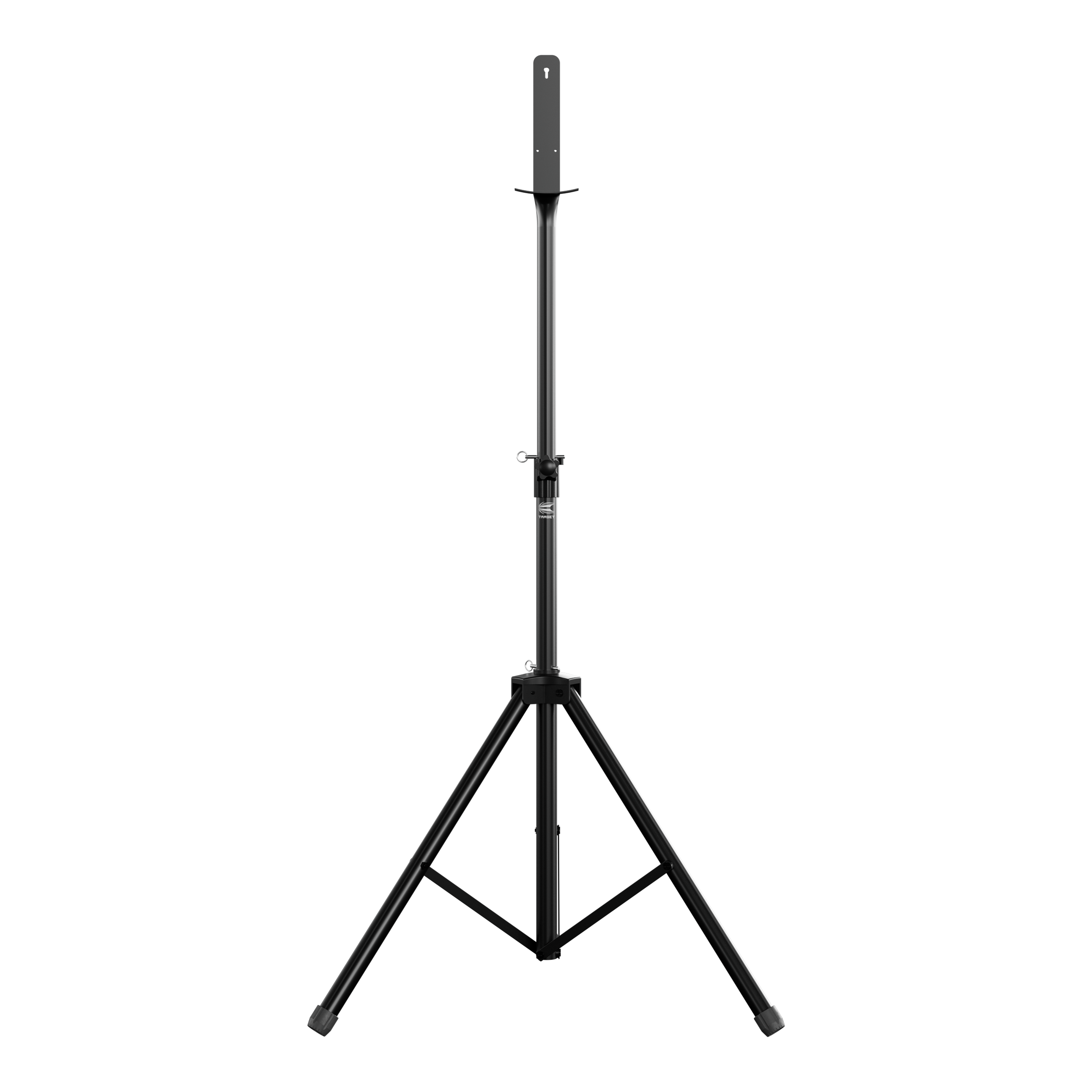 Target Dartbordstandaard Das Bild zeigt einen Target Dartboard Stand mit einem stabilen, dreibeinigen Stativ. Der Ständer ist höhenverstellbar und eignet sich zum Aufhängen eines Dartboards.