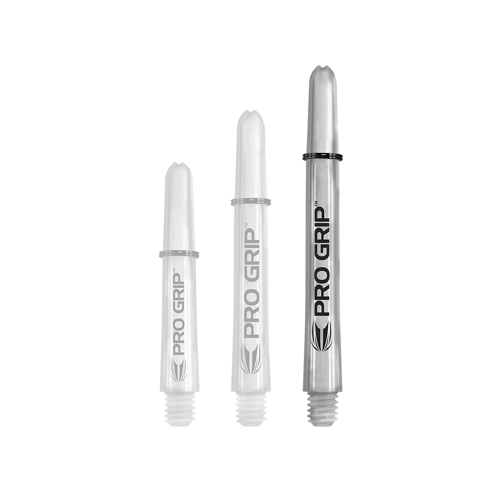 Das Bild zeigt drei transparente Pro Grip Shafts in unterschiedlichen Längen. Sie sind mit der Aufschrift "PRO GRIP" und einem schwarzen Logo versehen.