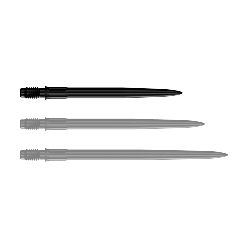 Mission R2.5 Rapid Point SM1 Dartpunten - Zwart Das Bild zeigt eine einzelne schwarze Dartspitze mit einer Länge von 30 mm. Die Spitze ist für den Einsatz in Darts gedacht.