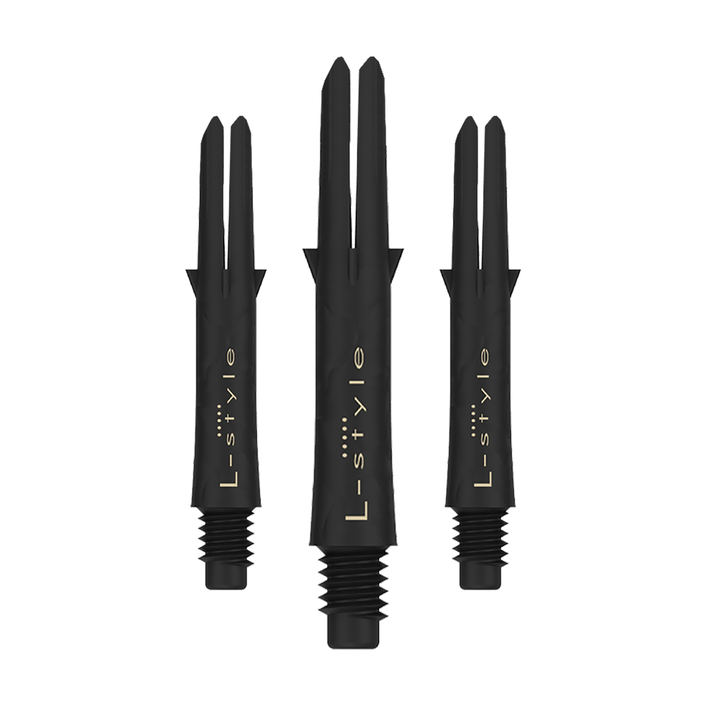 Das Bild zeigt drei schwarze Carbon Shafts für Dartpfeile der Marke L-Style. Die Shafts sind ohne Kappen und besitzen eine goldene Schrift.