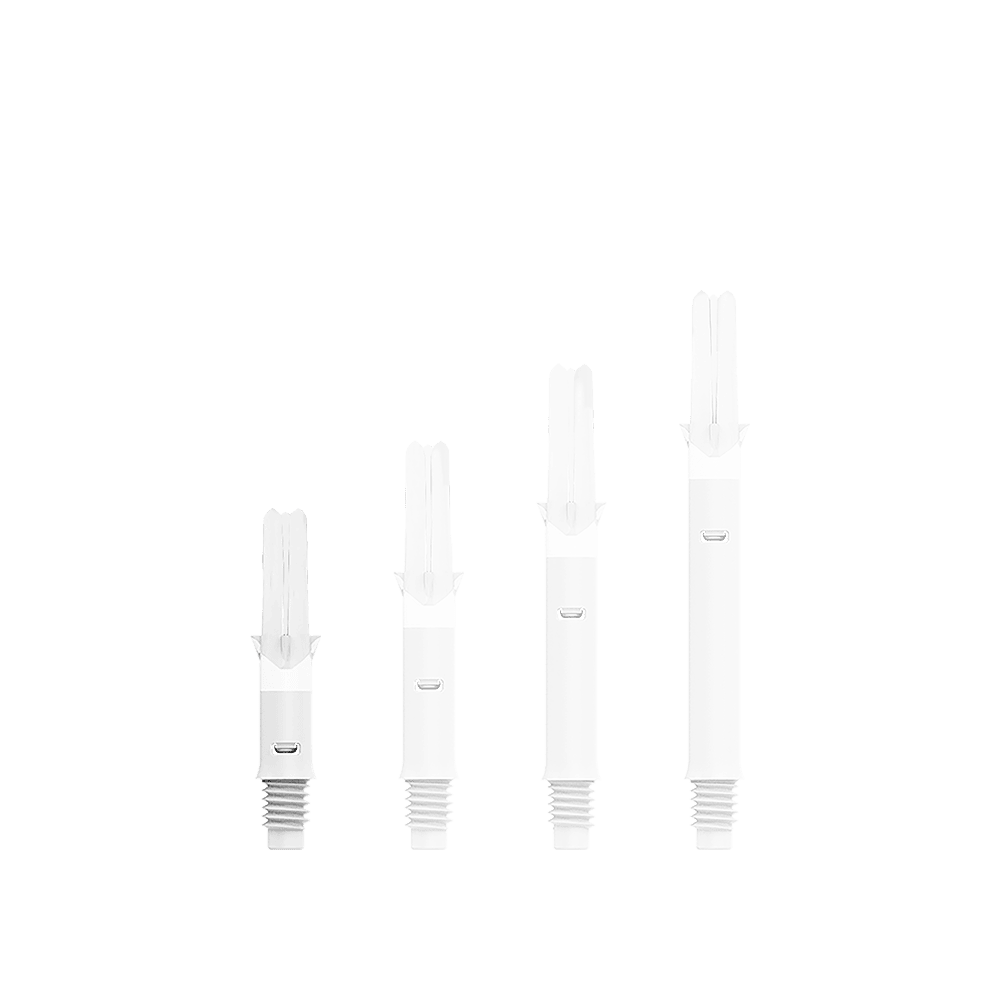 L-L-Style-Shafts Silent Straight - Wit Auf dem Bild sind vier weiße Dart-Schäfte in unterschiedlichen Längen zu sehen. Sie stehen nebeneinander auf weißem Hintergrund.