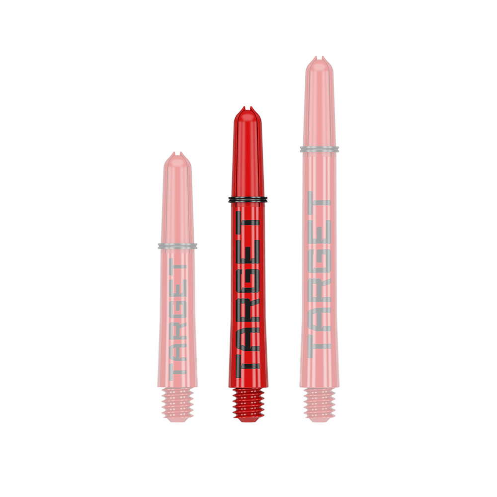 Target Pro Grip TAG Shafts - 3 sets - Rood Das Bild zeigt drei rote Dartschäfte in verschiedenen Längen. Auf den Schäften steht in schwarzer Schrift das Wort "TARGET".