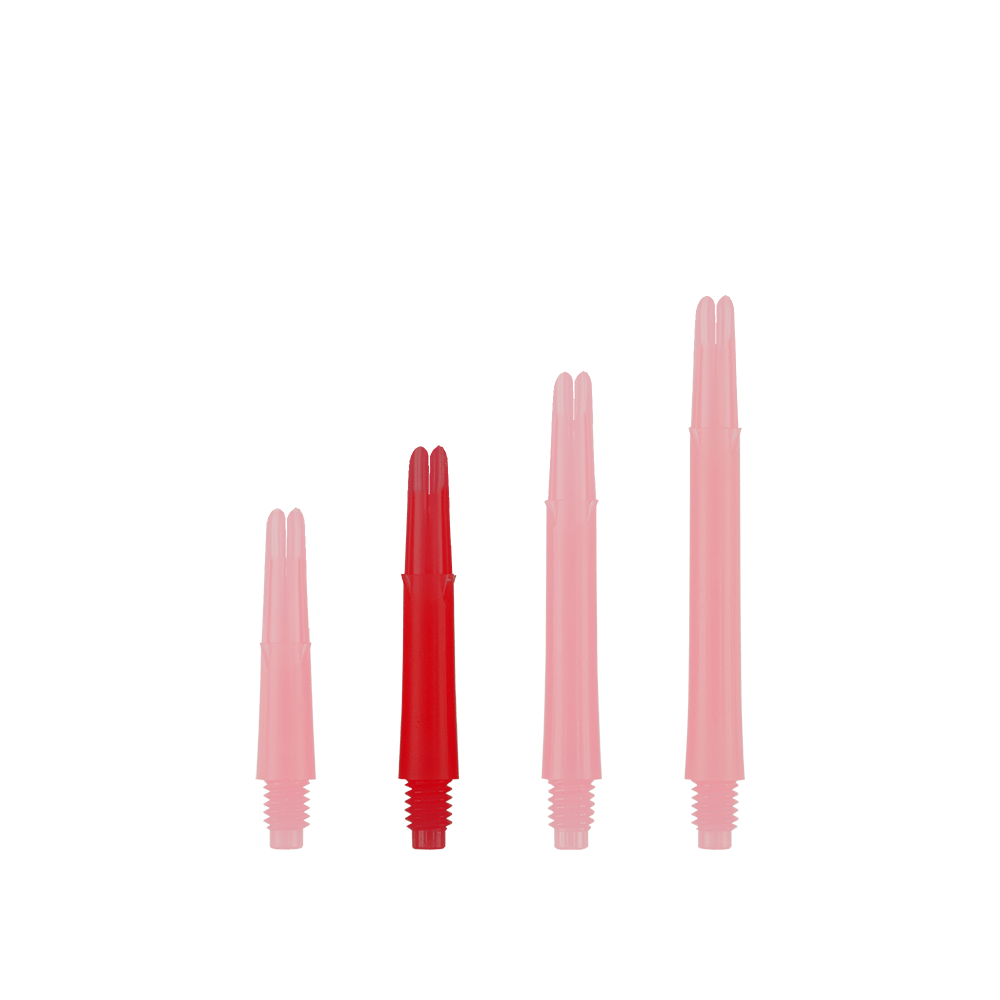 L-L-Style-Shafts Locked Straight - Rood Auf dem Bild sind vier rote, gerade Dartschäfte in unterschiedlichen Längen zu sehen. Sie stehen nebeneinander aufrecht vor einem weißen Hintergrund.