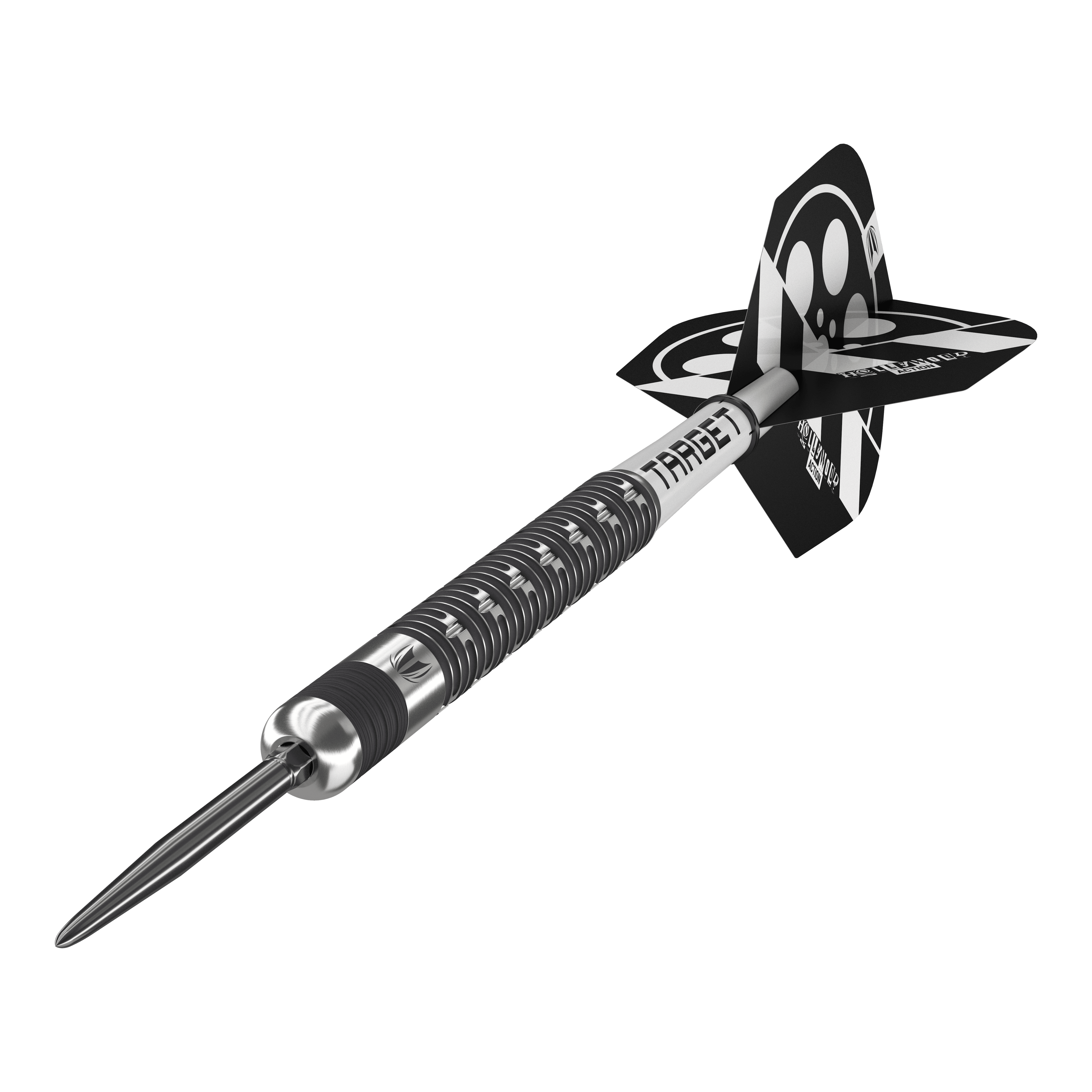 Targetwit Chris Dobey Hollywood Action Swiss Point Steeldarts Auf dem Bild ist der Target Chris Dobey Hollywood Action Swiss Point Steeldart zu sehen. Der Dartpfeil hat ein modernes, schwarzes und silbernes Design mit auffälligen Flights.