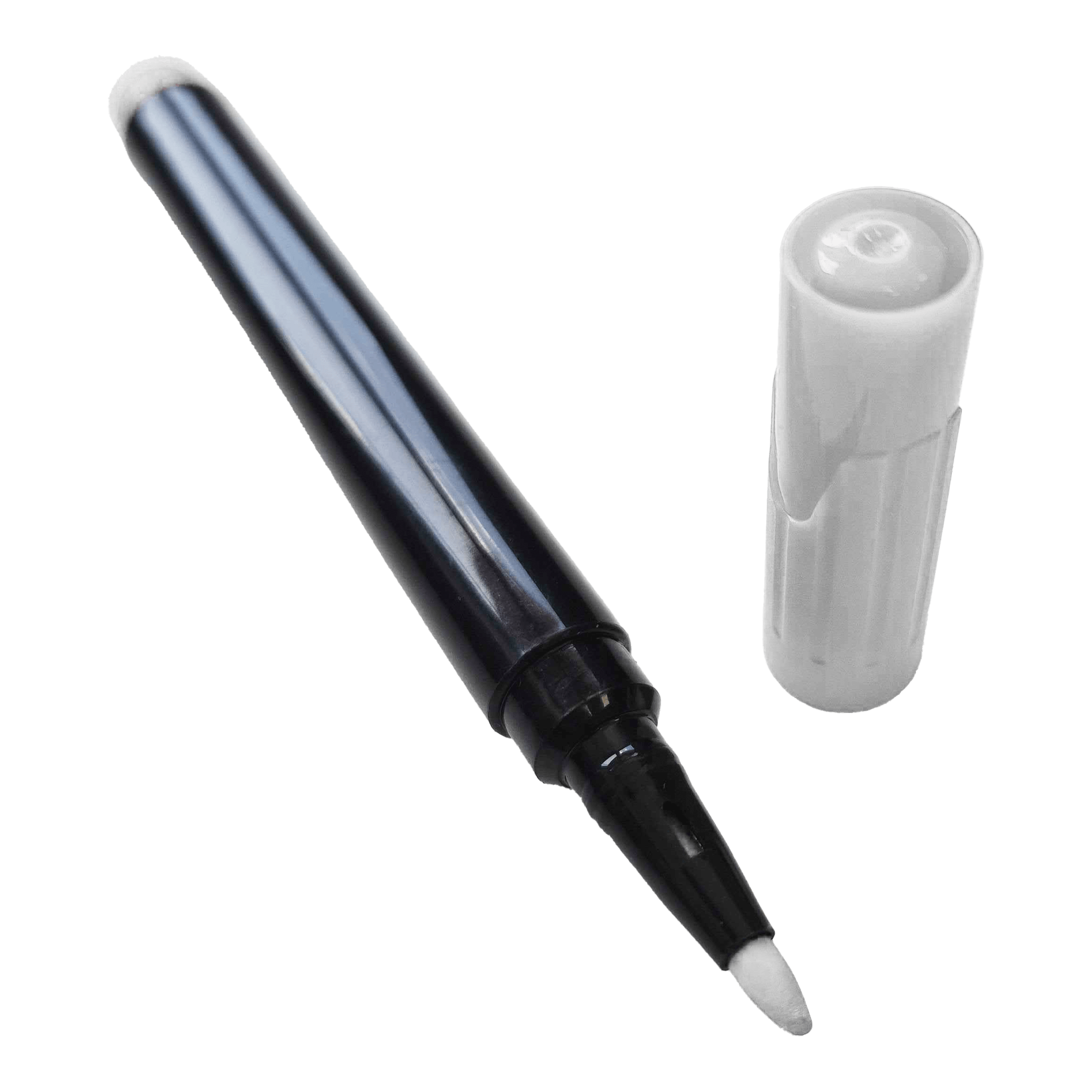 Bordmarker Auf dem Bild ist ein schwarzer Whiteboardmarker mit abgenommener weißer Kappe zu sehen. Der Marker liegt schräg, während die Kappe daneben steht.