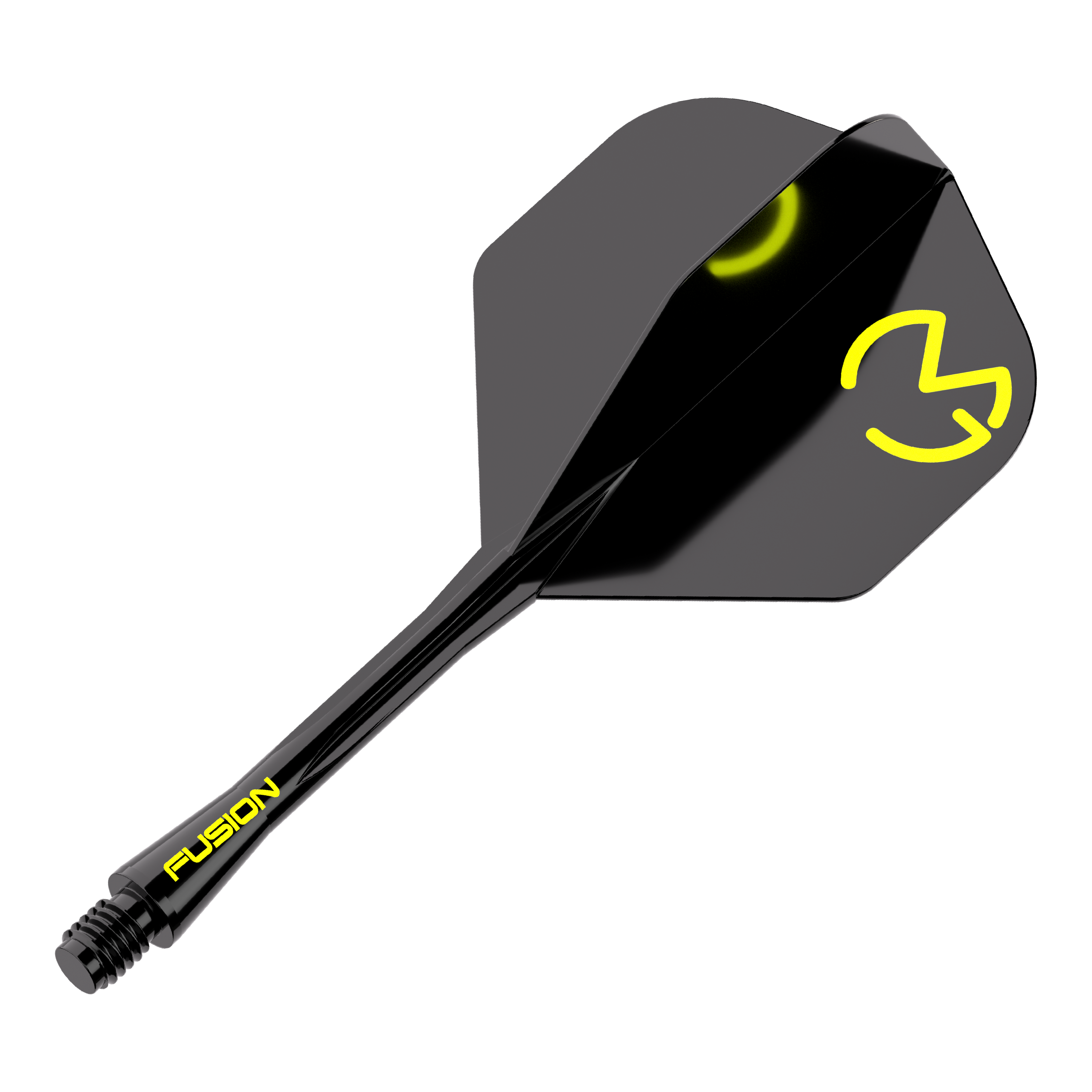Winmau Fusion Flight Shaft-systeem Michael Van Gerwen Pacman No2 standaard Das Bild zeigt das Winmau Fusion Flight-Shaft-System Michael Van Gerwen Pacman No2 Standard. Es ist schwarz mit gelben Akzenten und dem Logo auf dem Flight.
