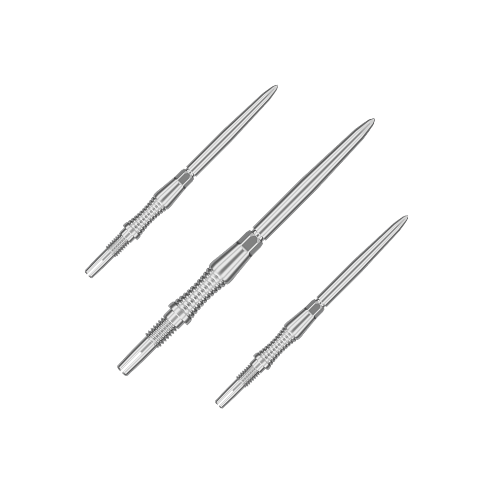 Target Swiss Point Dartpunten Signature RST - Zilver Abgebildet sind Dartspitzen mit der Bezeichnung '340301_Target_Swiss_Point_Dartspitzen_Signature_RST_Silber_35mm_1Set'. Das Bild zeigt silberne Dartspitzen in einem Set.