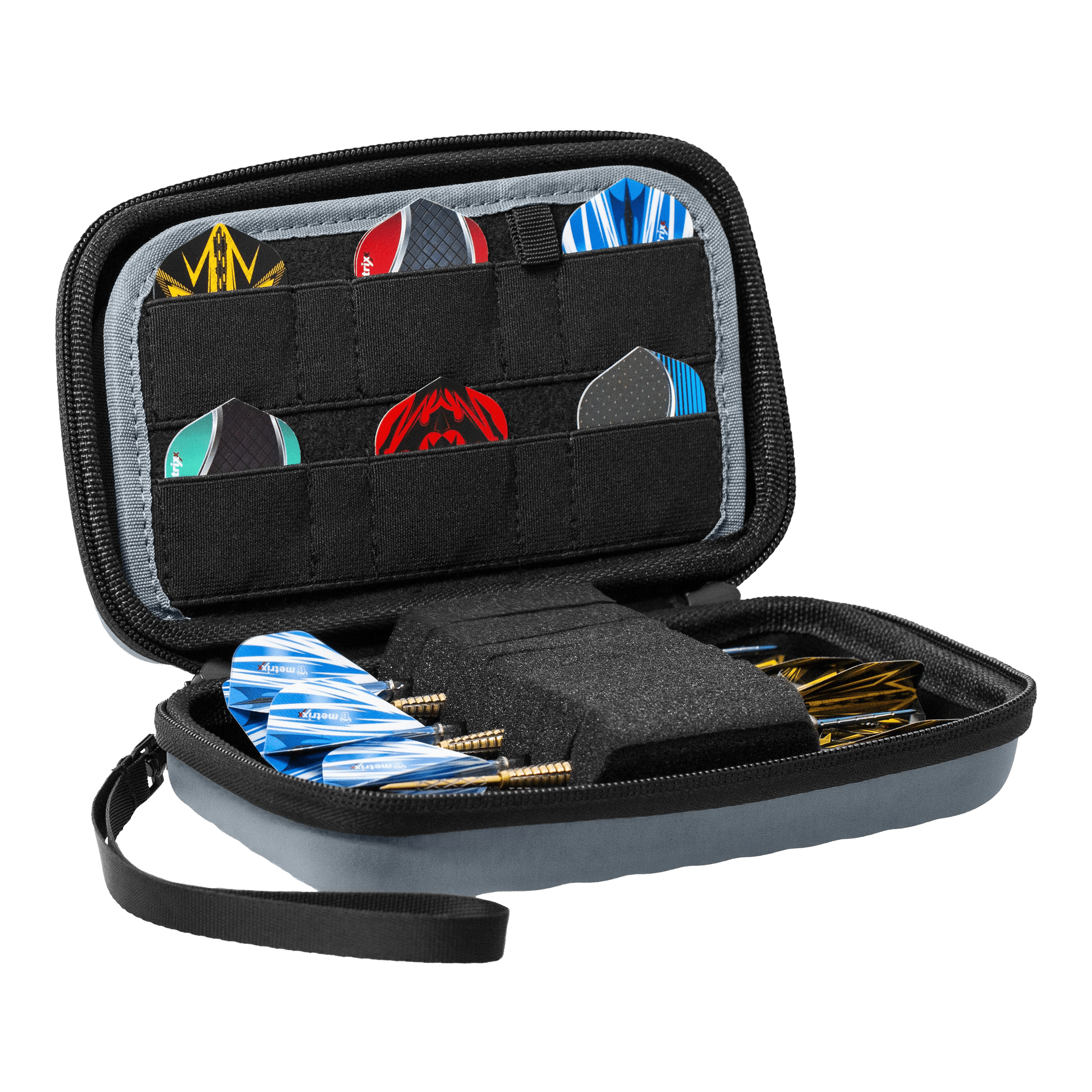 Das Bild zeigt das Bulls Orbis XL Dartcase in der Farbe Grau. Dieses Etui bietet viel Platz für Dartzubehör.