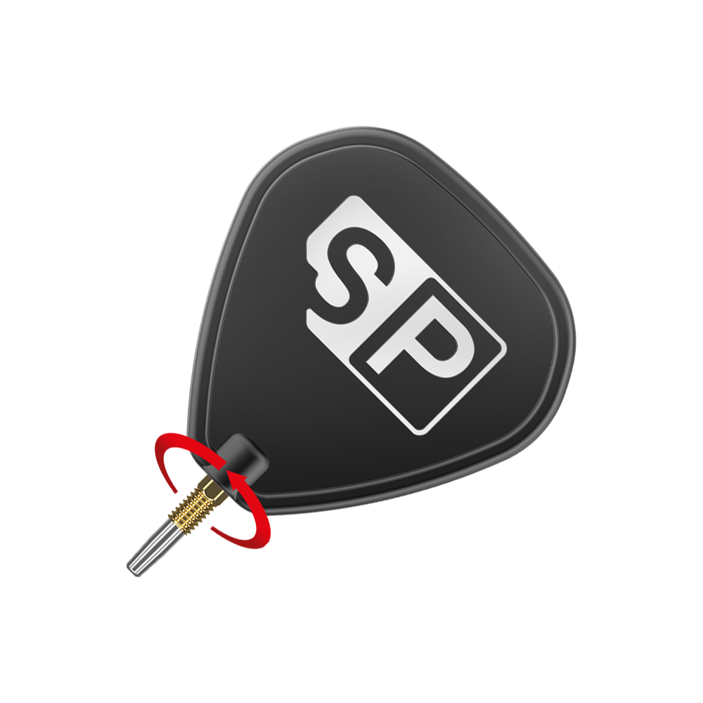 Target Swiss Diamond Pro Gold dartpunten Das Bild zeigt eine schwarze Dartspitze mit goldfarbenem Gewinde und der Aufschrift „SP“. Ein roter Pfeil illustriert die Drehbewegung zum Befestigen oder Lösen der Spitze.