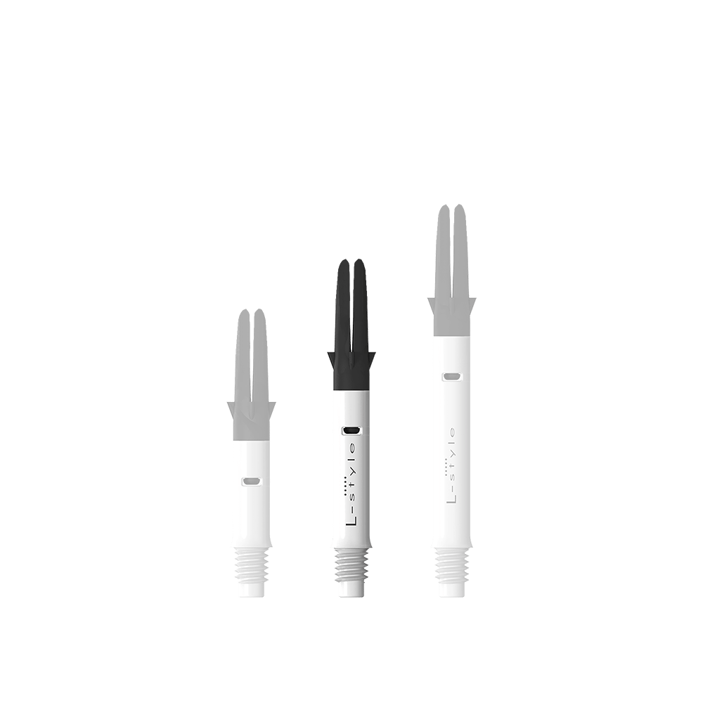 L-L-Style-Shaft Carbon Silent Straight - Wit Auf dem Bild sind drei unterschiedlich lange, weiße Dartshafts mit schwarzem oberen Ende zu sehen. Sie stehen nebeneinander vor einem transparenten Hintergrund.