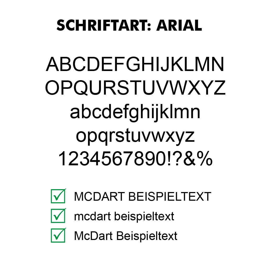 Flightdruck-Schriftart-ArialpJdFk5fkRASvH Das Bild zeigt das Produkt "10 Satz Bedruckte Flights 2-Seitig - Wunschtext - MDX Standard". Unten werden drei Vorteile mit grünen Häkchen aufgelistet: beidseitig bedruckt, persönlicher Wunschtext und schnelle Lieferung.