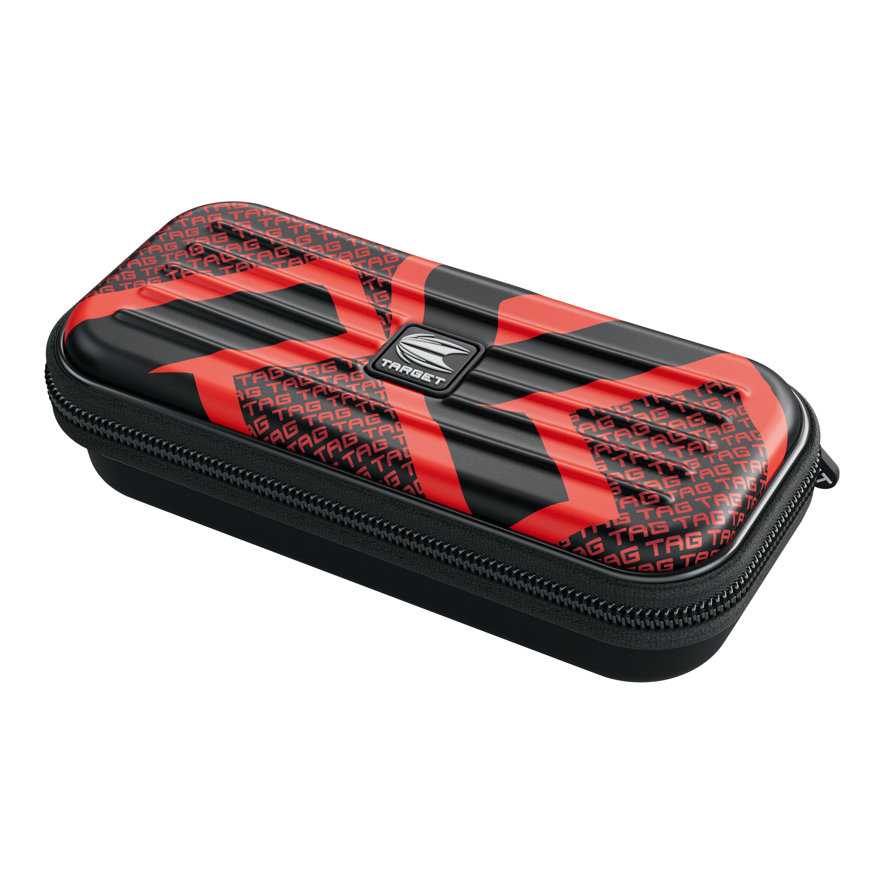 Das Bild zeigt ein schwarzes Etui mit auffälligem roten Muster und dem Wort "TAG" mehrfach darauf. In der Mitte befindet sich ein silbernes Emblem mit dem Schriftzug "TARGET".