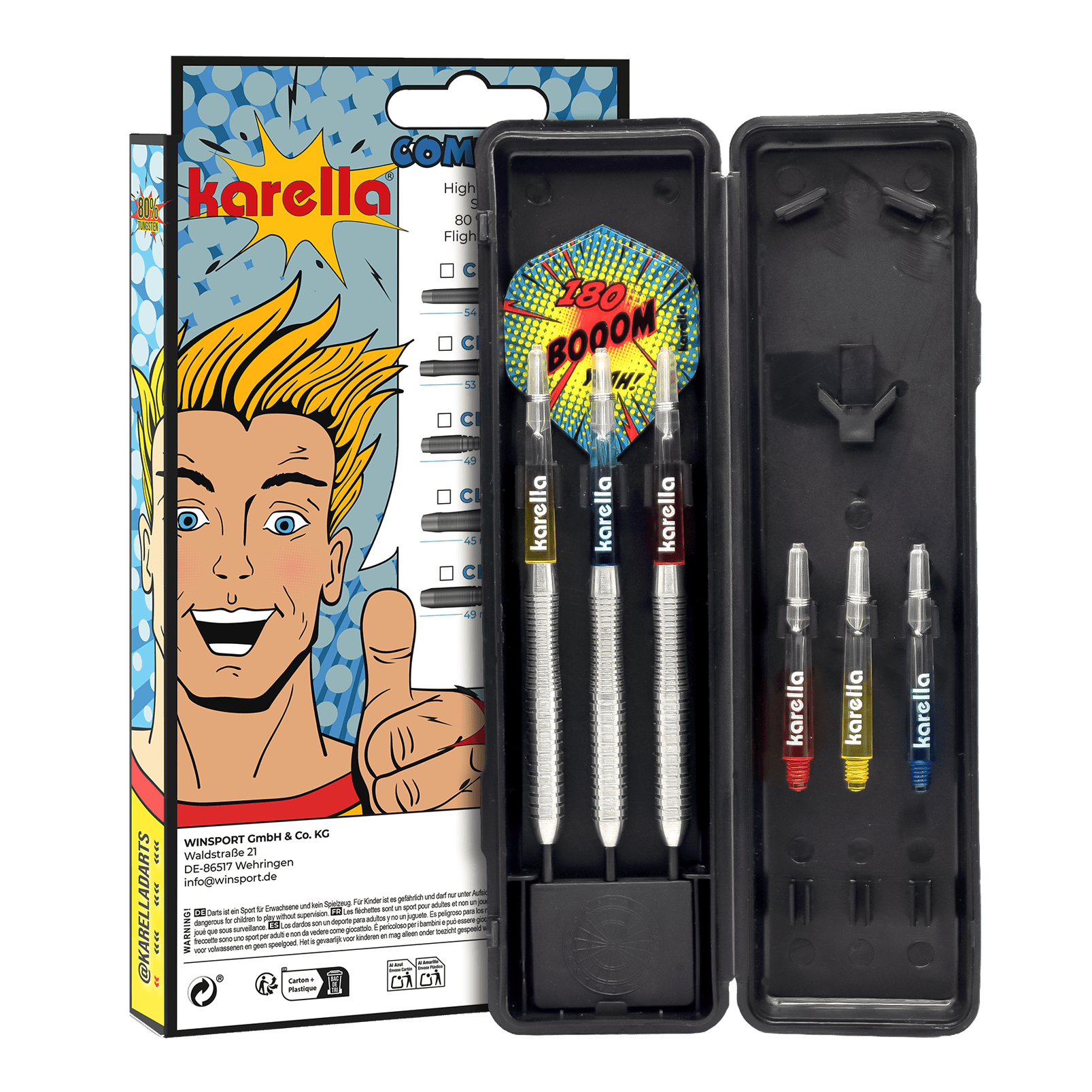 Karella Comic Line CL-2 stalen dartpijlen - 23 g Hier sind die Karella Comic Line CL-2 Steeldarts mit einem Gewicht von 23g abgebildet. Die Darts sind speziell für den Einsatz im Wettkampf gedacht.