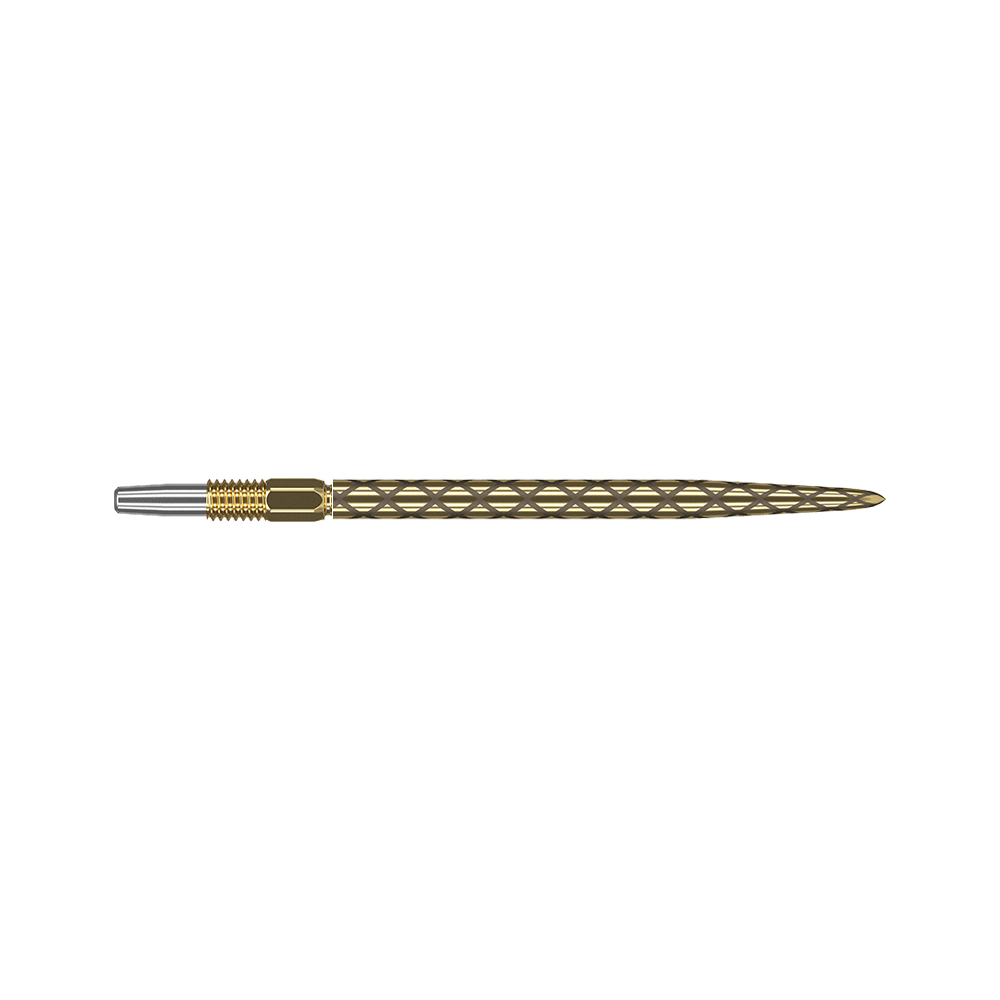 Target Swiss Diamond Pro Gold dartpunten Dies ist eine goldfarbene Dartspitze mit einem rautenförmigen Muster. Die Spitze ist schlank und hat am hinteren Ende einen silbernen Anschluss.