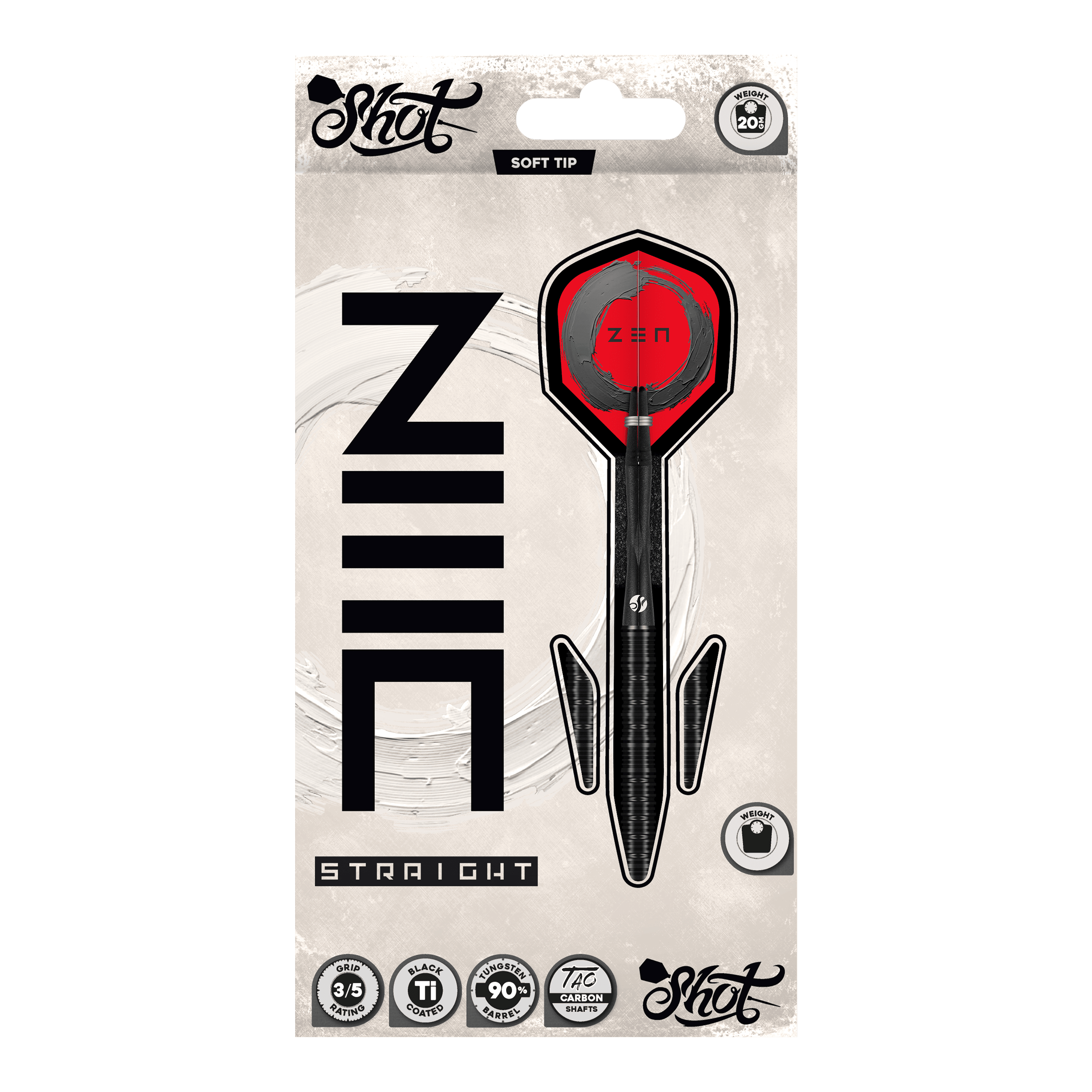 Shot ZEN Rechte Zachte Dartpijlen - 20 g Abgebildet sind die Shot ZEN Straight Softdarts - 20g. Diese Darts zeichnen sich durch ihre gerade Form aus.