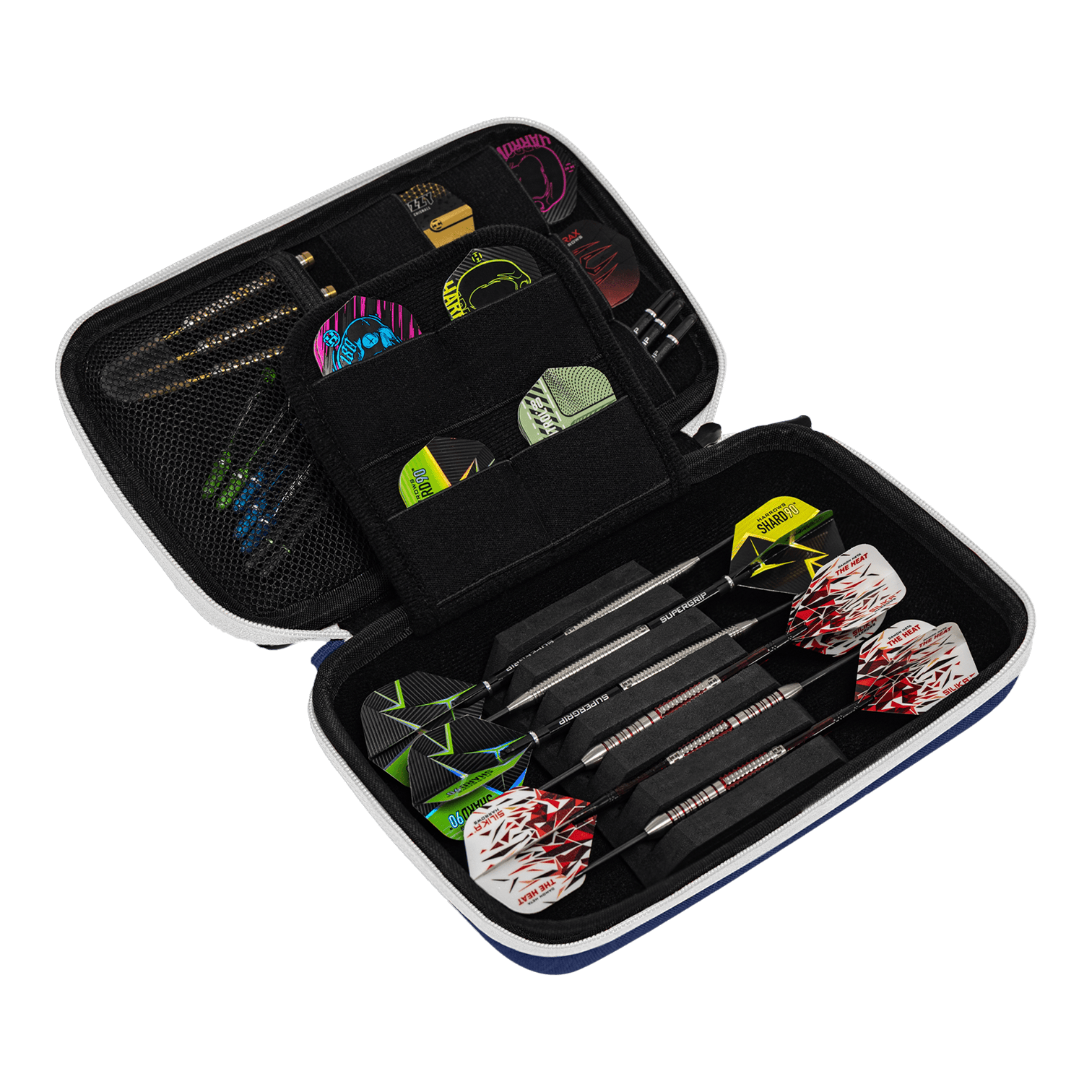 Harrows Smart Case XL dart portemonnee Das Bild zeigt ein geöffnetes Dart-Etui mit mehreren Darts und Zubehörteilen. In den Fächern sind verschiedene Flights und Spitzen ordentlich verstaut.