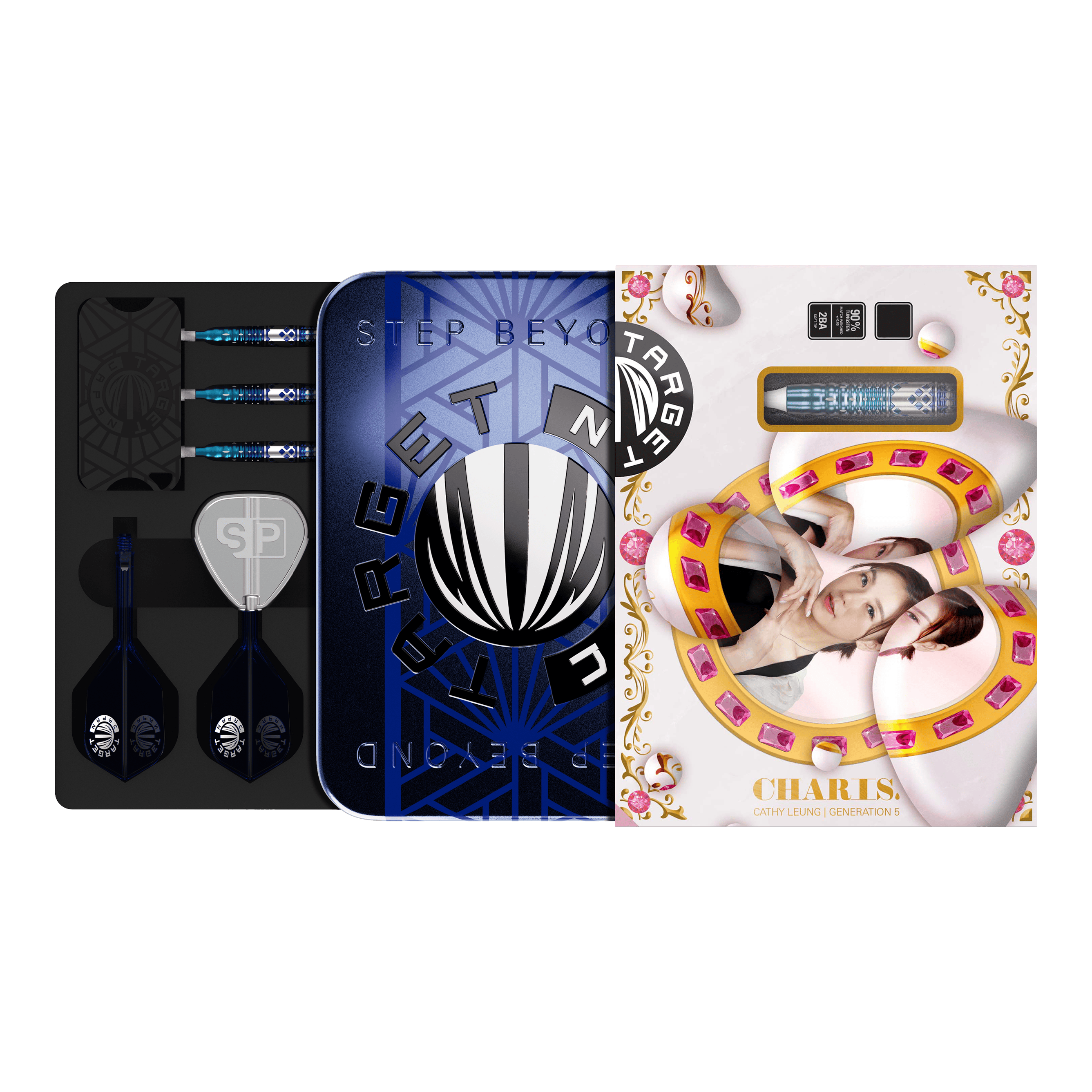 Das Bild zeigt das Produkt "Target Japan Cathy Leung Charis GEN5 Softdarts - 19g" in einer dekorativen Verpackung. Im Inneren sind die Darts, Flights und weiteres Zubehör ordentlich angeordnet.