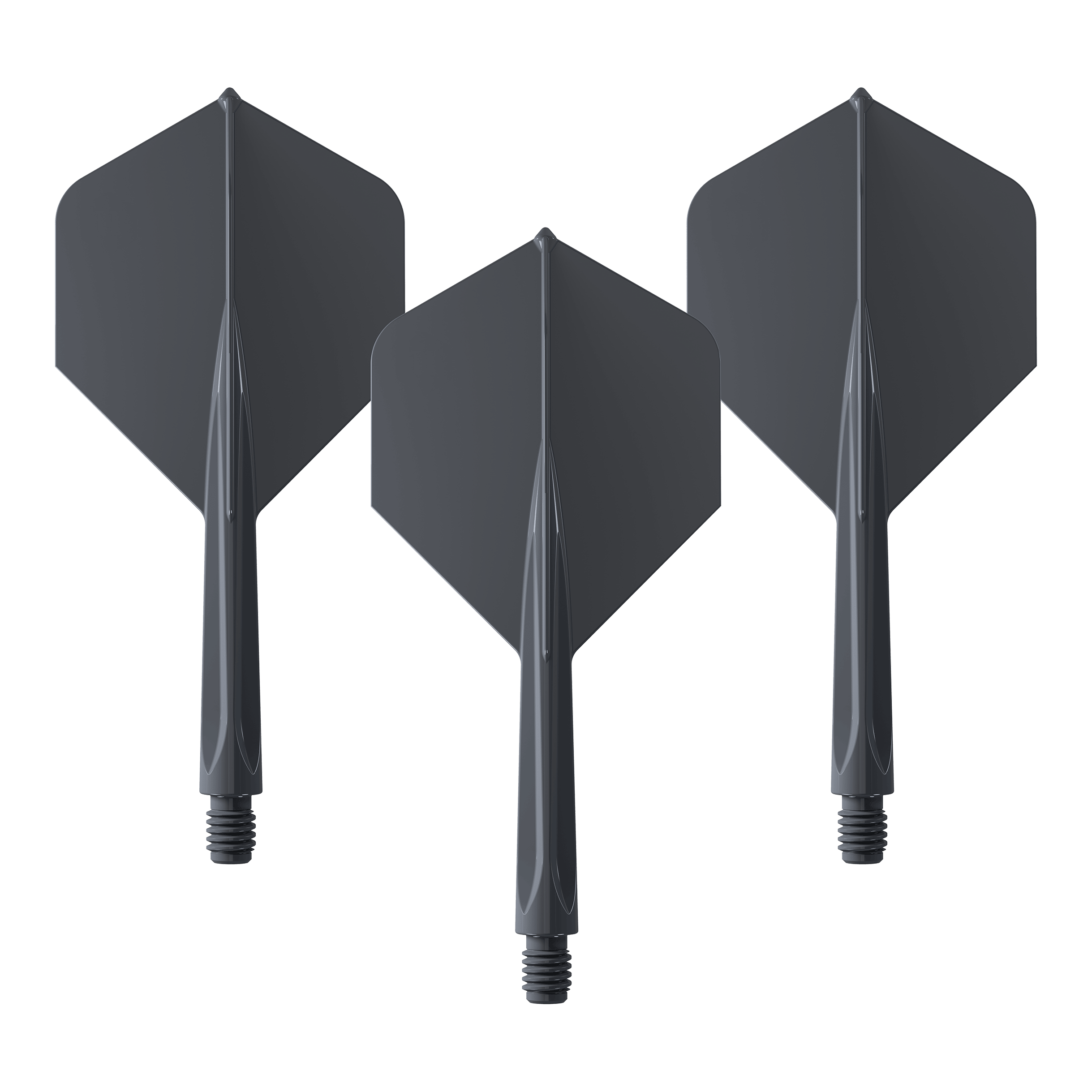 Unicorn Forge All In One Plus No2 Standaard Vluchten Zwart - Medium Das Bild zeigt drei schwarze Dartflights mit integriertem Schaft in mittlerer Größe. Es handelt sich um das Produkt "Unicorn Forge All In One Plus No2 Standard Flights Schwarz - Medium".