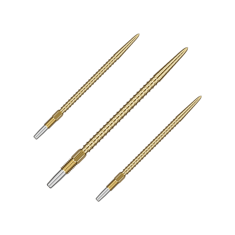 Auf dem Bild sind drei goldfarbene Dartspitzen zu sehen. Sie sind lang, schlank und haben ein geriffeltes Muster.
