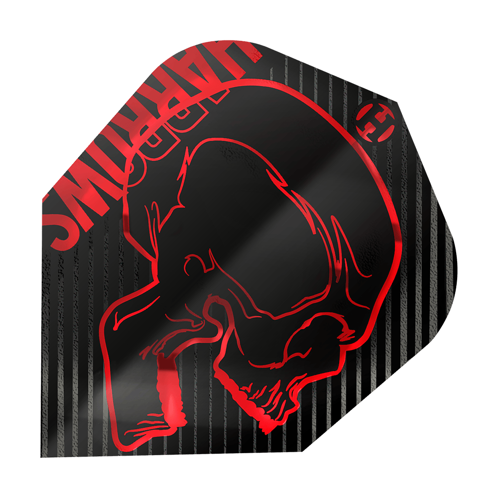 Harrows Rage Red No6-vluchten Das Bild zeigt ein Dartflight mit dem Namen "Harrows Rage Red No6 Flights". Das Flight ist schwarz mit roten Streifen und einem roten Totenkopf-Design.