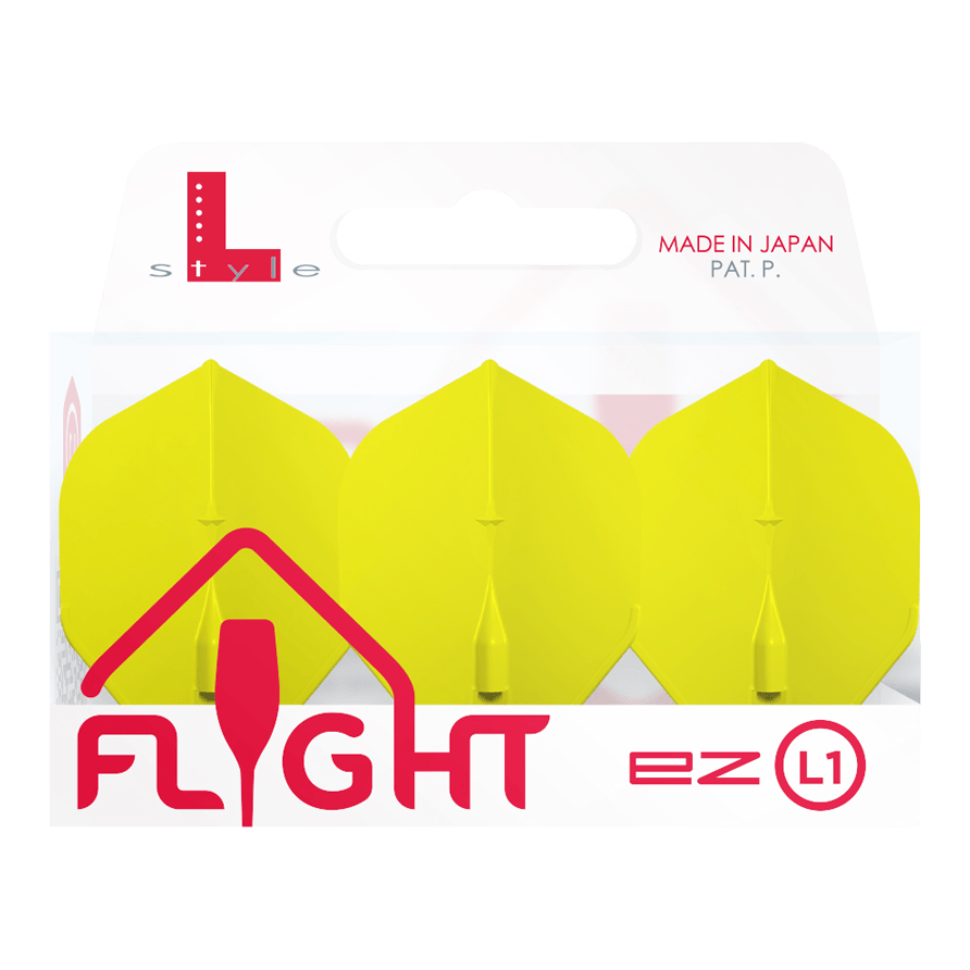 L-Style Champagne L1EZ Standaard Vluchten Das Bild zeigt eine Packung mit drei gelben L-Style Champagne L1EZ Standard Flights. Die Verpackung ist weiß mit roter und grauer Schrift und wurde in Japan hergestellt.