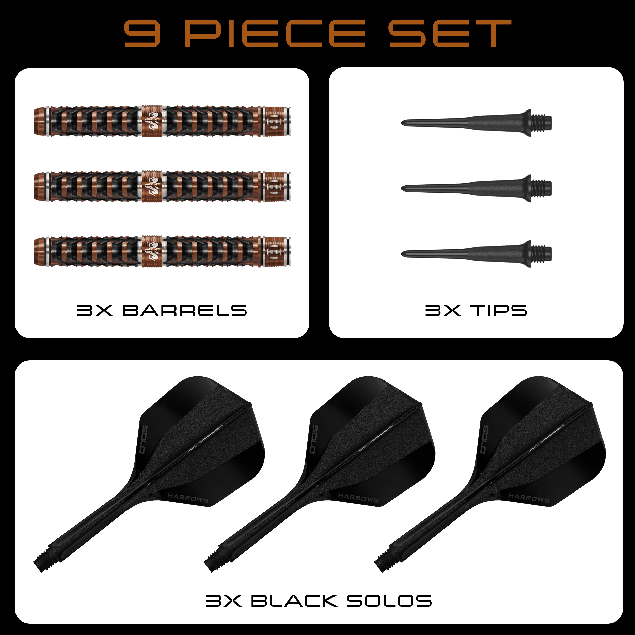 Harrows Tungsten Trinity softdarts Abgebildet ist das Produkt Harrows Wolfram Trinity Softdarts. Die Darts sind deutlich in ihrer Struktur und Farbe erkennbar.