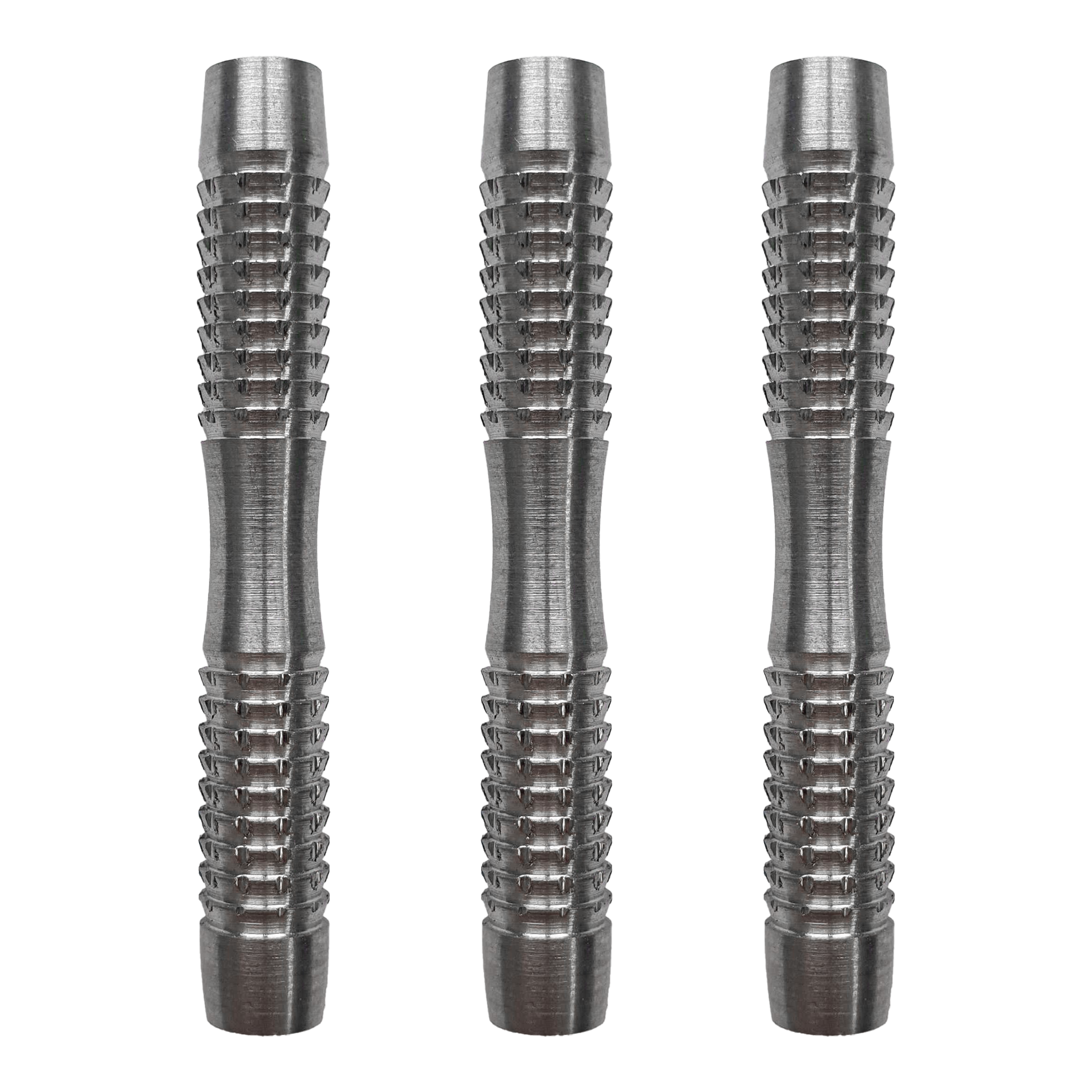 McDart Blank Shark zachte dartvaten Das Bild zeigt drei silberne McDart Blank Shark Softdart-Barrels. Sie haben eine geriffelte Oberfläche für besseren Halt.