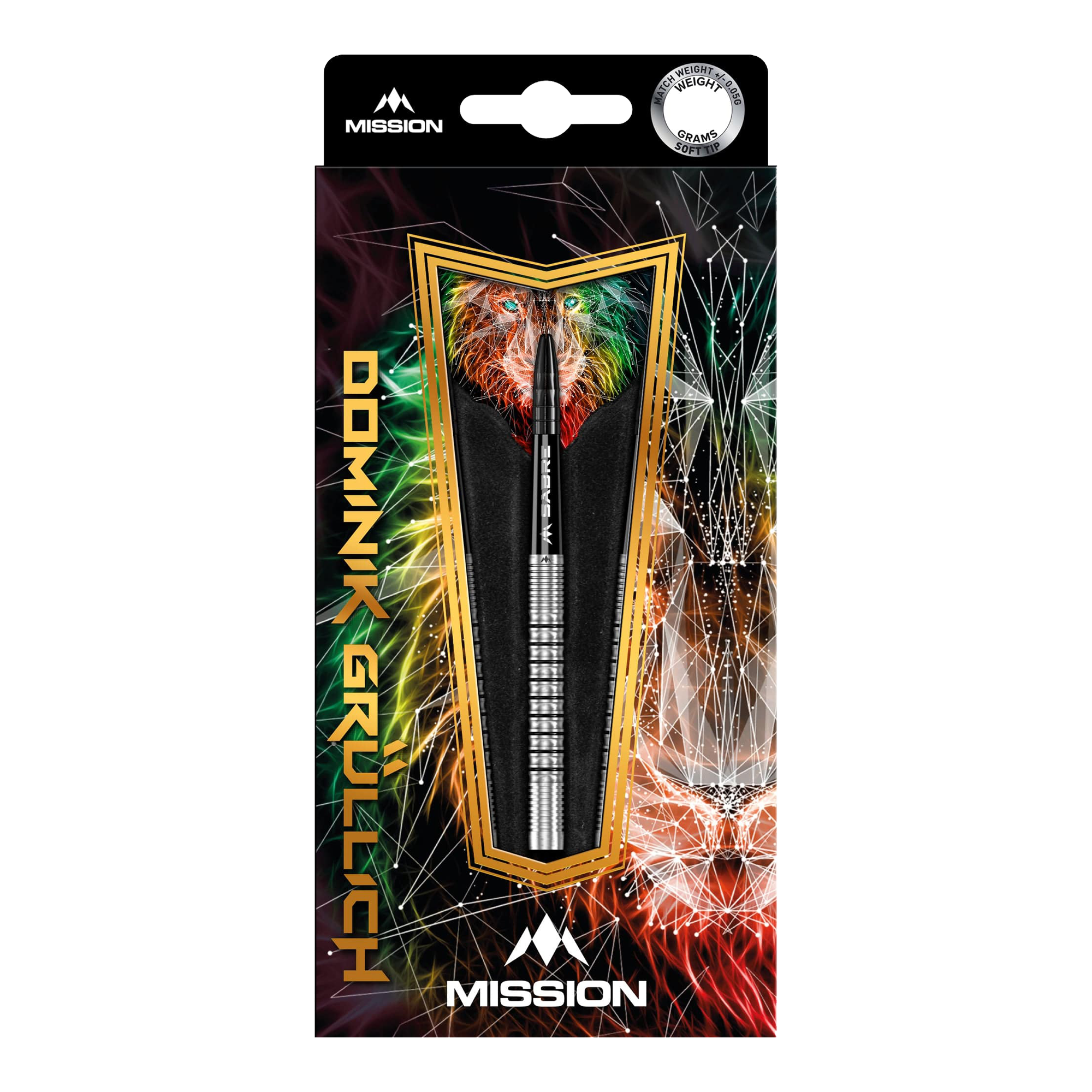 Missie Dominik Grüllich Steeldarts Die Abbildung zeigt die Verpackung der "Mission Dominik Grüllich Steeldarts - 23,5g". Die Verpackung ist bunt gestaltet und zeigt einen einzelnen Dartpfeil in der Mitte.