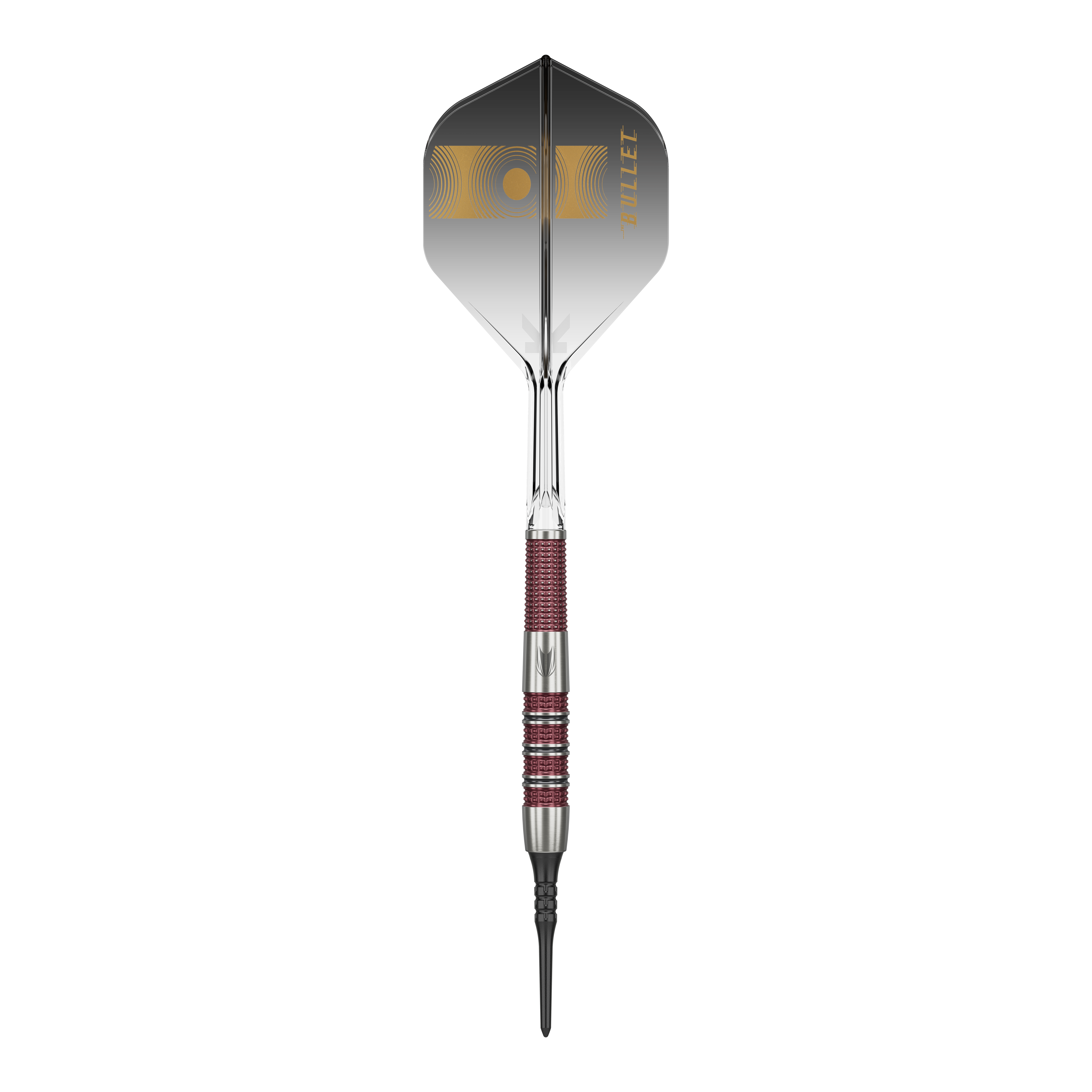 Das Bild zeigt einen Target Stephen Bunting 95K Softdart mit einem Gewicht von 19 Gramm. Der Dart hat ein elegantes schwarzes und silbernes Design mit roten Griffbereichen und einer schwarzen Flight mit goldenen Akzenten.