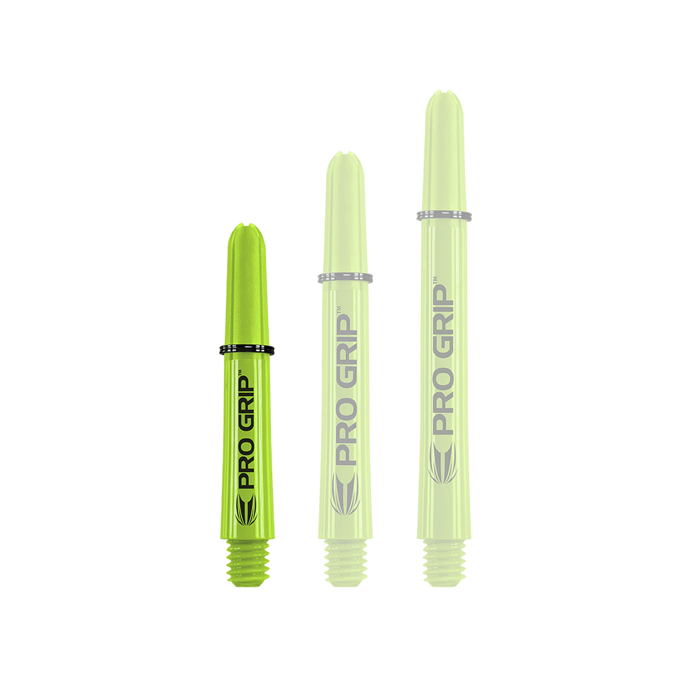 Target Pro Grip Shafts - 3 sets - Limoengroen Das Bild zeigt drei limegrüne Pro Grip Shafts in unterschiedlicher Länge. Auf jedem Schaft steht gut sichtbar der Schriftzug "PRO GRIP".