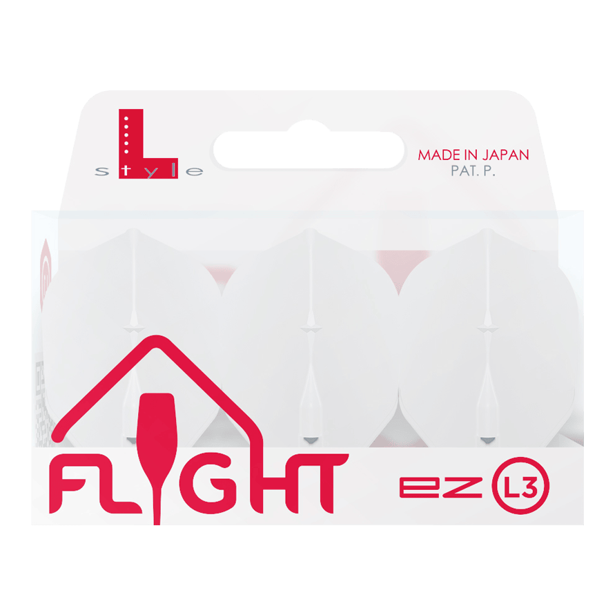 L-L-Style3EZ-vluchten Auf dem Bild ist eine Verpackung von L-Style Flights für Darts zu sehen. Die Verpackung ist weiß und enthält drei Flights des Typs EZ L3, hergestellt in Japan.