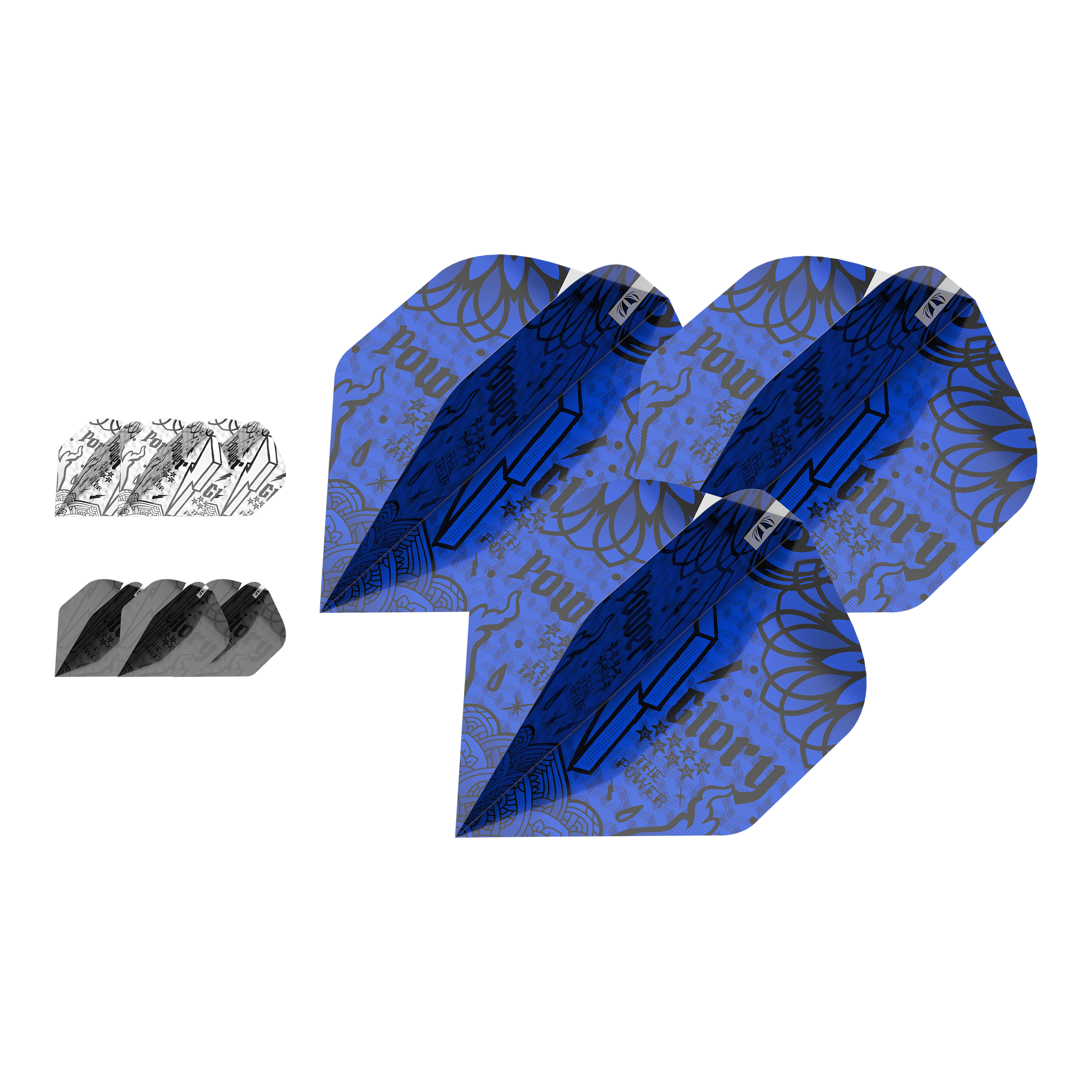 Target Ink Bundle 3 Sets Power No2 Standard Flights Das Bild zeigt das Produkt „Target Ink Bundle 3 Sets Power No2 Standard Flights.“ Es enthält drei verschiedenfarbige Sets von Dartflights mit auffälligen Mustern, darunter Blau, Schwarz und Weiß.