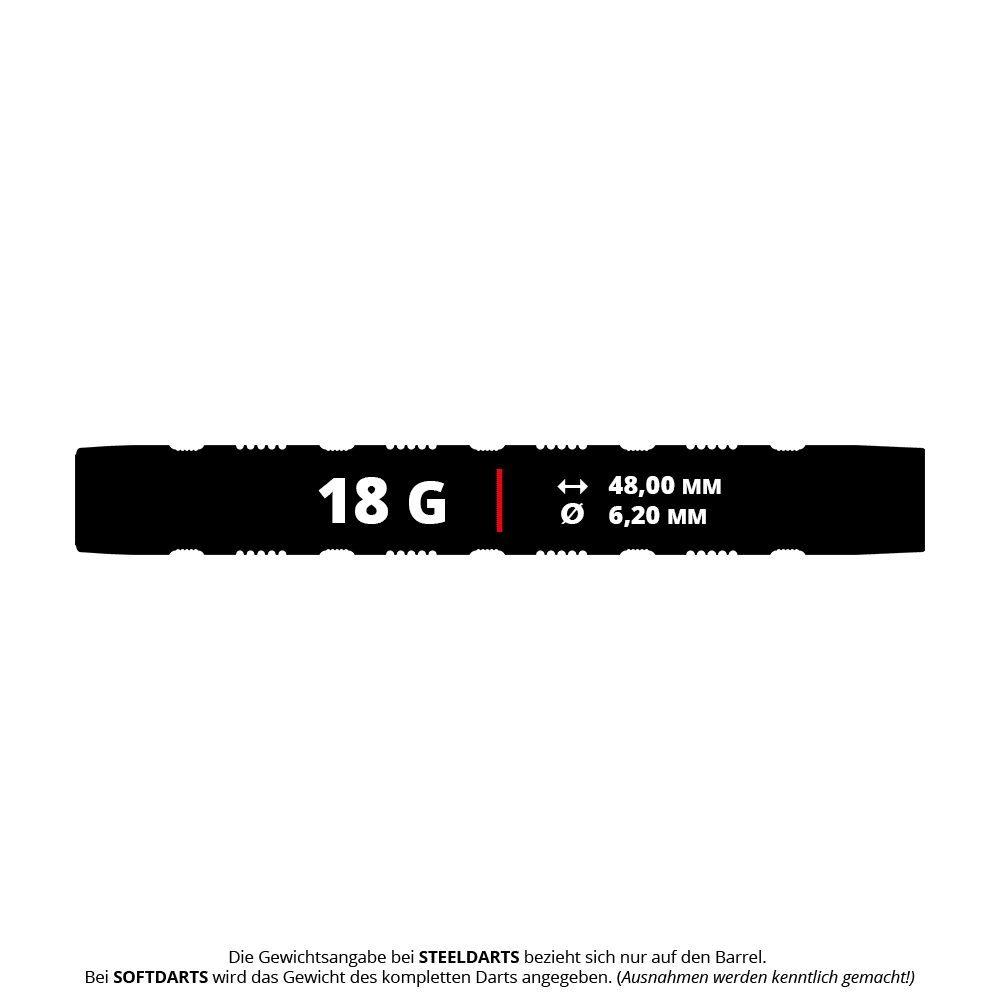Target Rob Cross 95K Swiss Point Zachte Darts - 18g Das Bild zeigt die technischen Daten der Target Rob Cross 95K Swiss Point Softdarts mit 18 Gramm Gesamtgewicht. Die Darts sind 48,00 mm lang und haben einen Durchmesser von 6,20 mm.