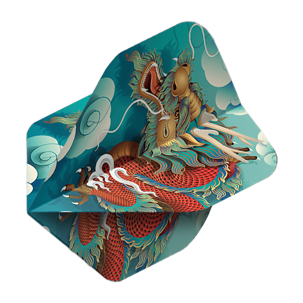 Pentathlon Vluchten Draak Das Bild zeigt ein Dartflight mit einem farbenfrohen Drachenmotiv auf blauem Hintergrund. Es handelt sich um das Produkt "Pentathlon Dragon 5 Standard Flights".