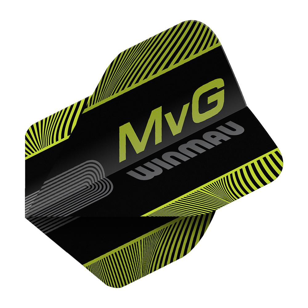 Winmau Prism Delta MvG Zwart Groen Tekst Nr. 2 Standaard Vluchten Abgebildet sind die Winmau Prism Delta MvG Black Green Text No2 Standard Flights. Diese Dart-Flights haben ein schwarzes und grünes Farbmuster mit Schriftzug.