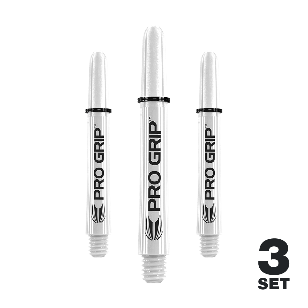 Das Bild zeigt drei weiße "Pro Grip" Shafts für Dartpfeile. In der unteren rechten Ecke steht "3 SET".
