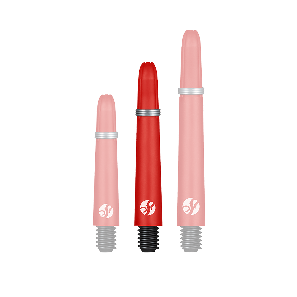 Shot Koi Carbon Shafts - Rood Das Bild zeigt drei rote Dartschafts in unterschiedlichen Längen. Sie haben schwarze Gewinde und Silberringe zur Befestigung.