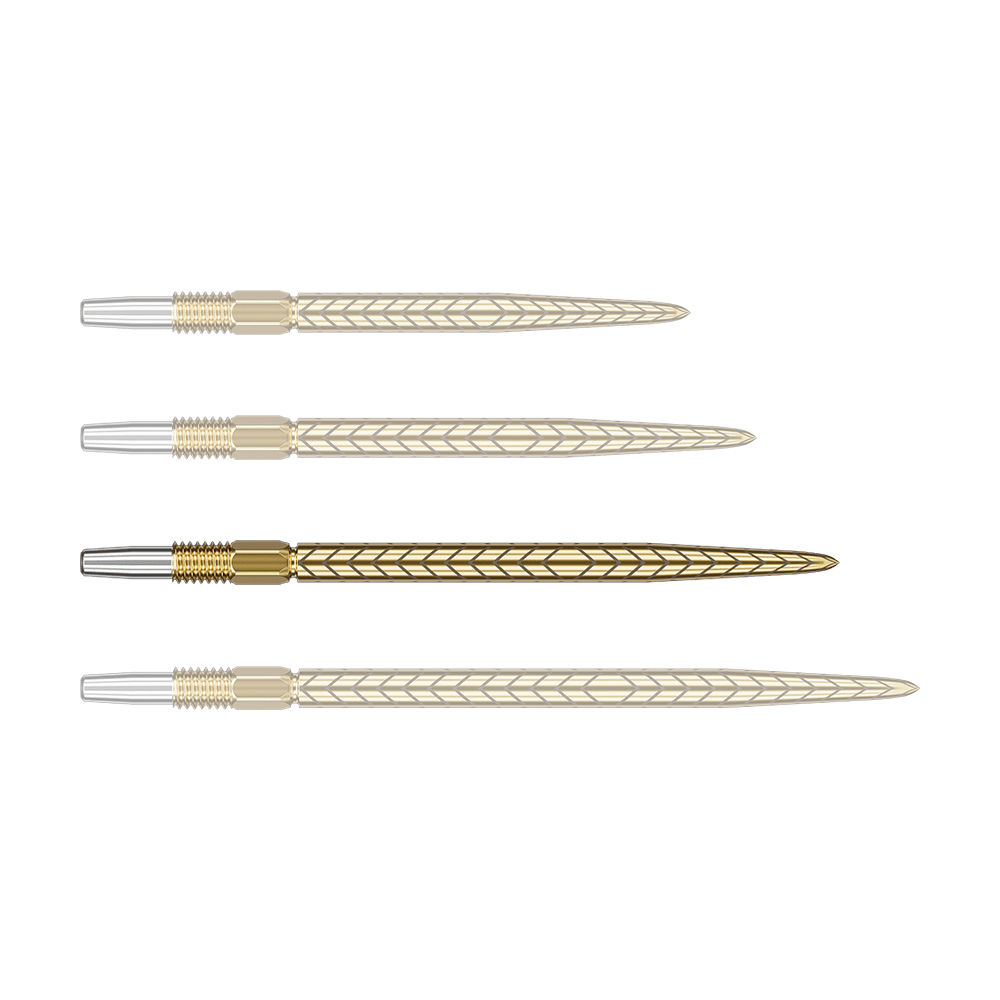 Target Swiss Point RVE darttips - Goud Auf dem Bild sind vier goldene Dartspitzen mit einem Muster zu sehen. Sie liegen parallel nebeneinander auf einem grünen Hintergrund.