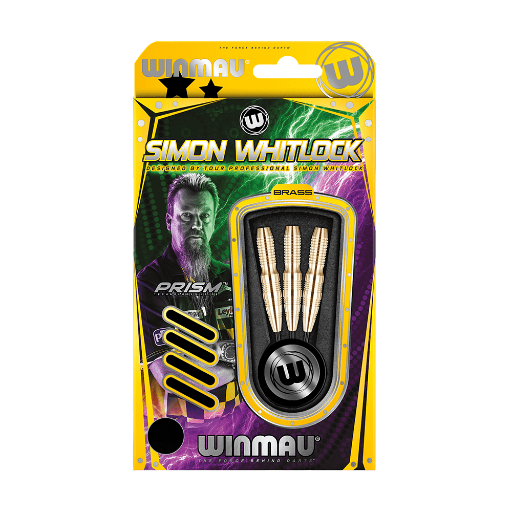1224_Winmau_Simon_Whitlock_Brass_Steeldarts_3 Die Abbildung zeigt das Produkt "Winmau Simon Whitlock Brass Steeldarts" in einer auffälligen gelb-schwarzen Verpackung. In der Packung sind drei messingfarbene Steeldarts sowie das Bild eines Dartspielers zu sehen.
