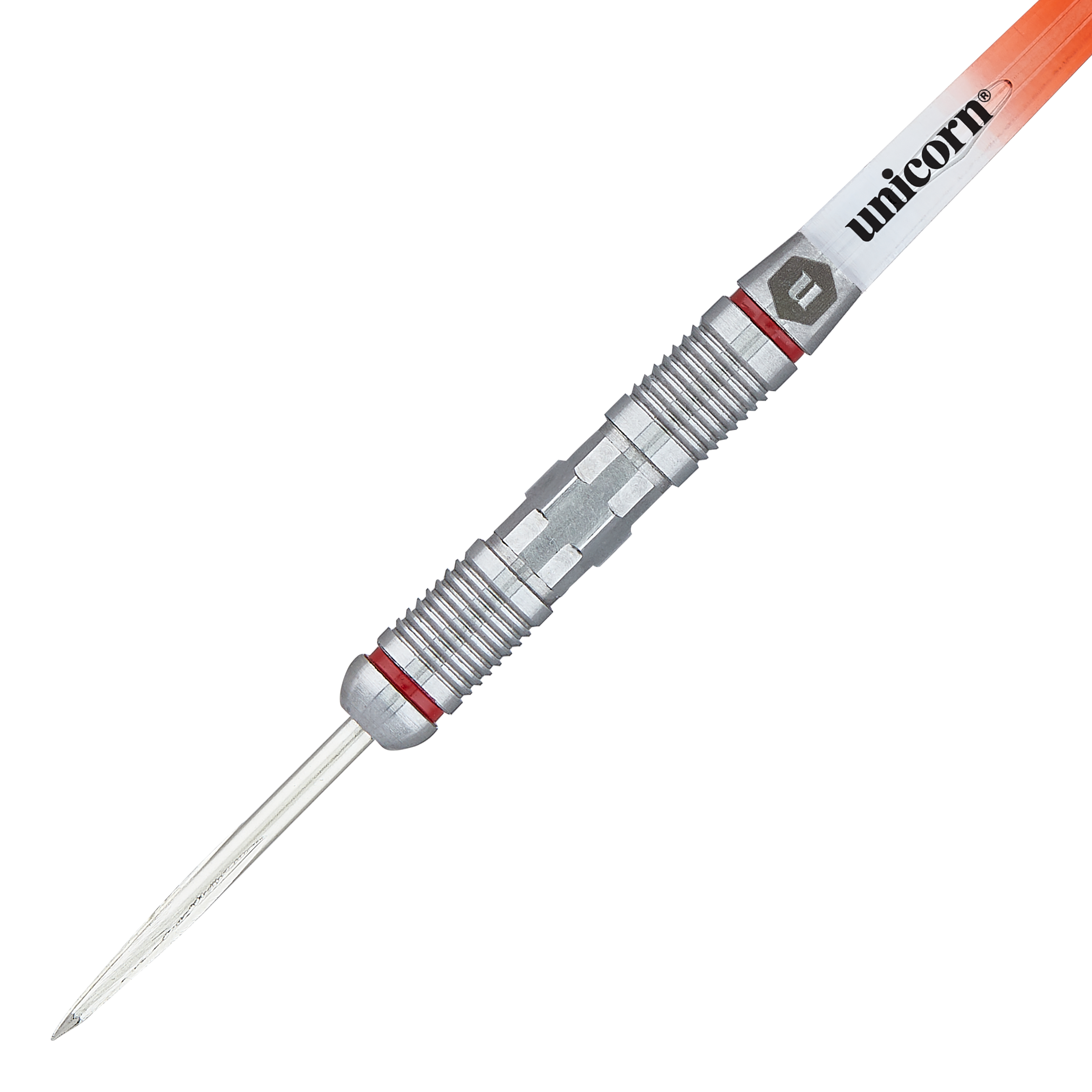 Unicorn Ballista Style 2 stalen darts Das Bild zeigt einen Unicorn Ballista Style 2 Steeldart mit silbernem, strukturiertem Griff. Am oberen Teil ist das Unicorn-Logo auf einem orange-weißen Schaft zu sehen.