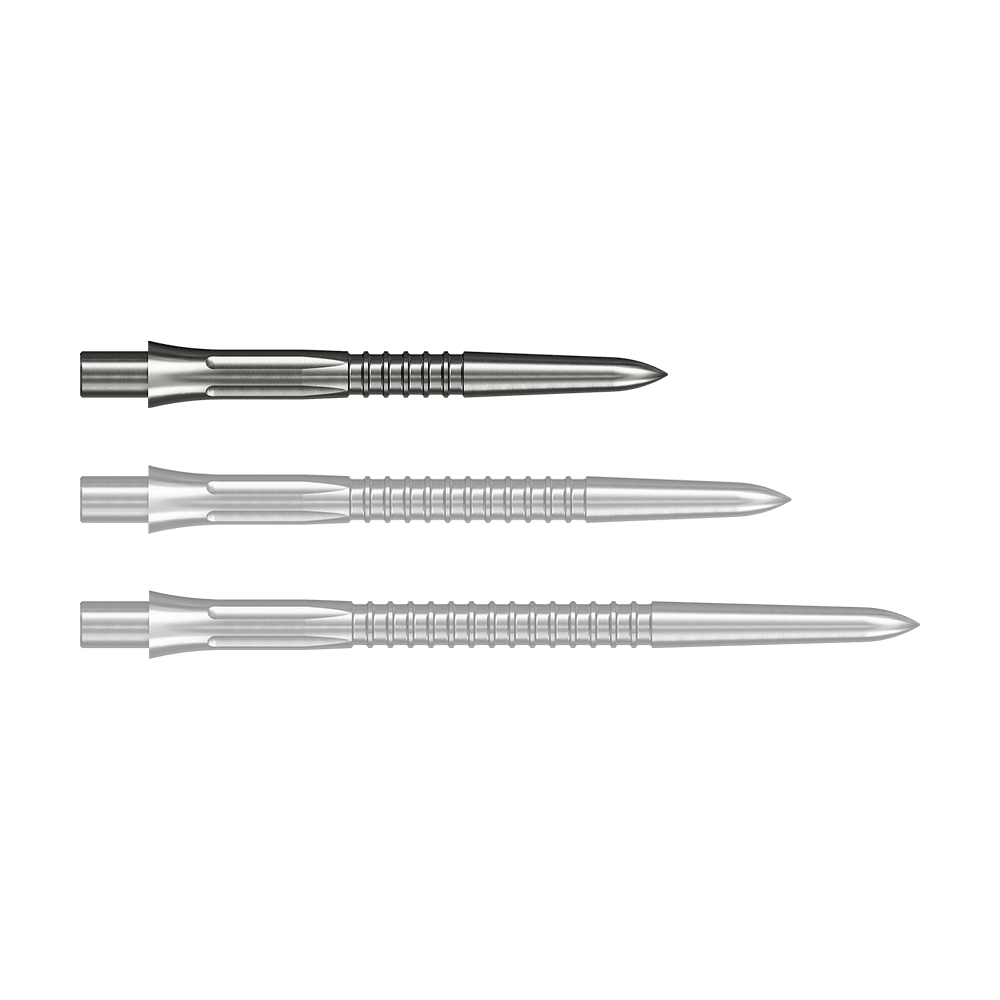 Mission Caliburn EVO dartpunten GV1 - zilver Das Bild zeigt Steeldartspitzen in Silber mit einer Länge von 26 mm. Einzelne Spitzen sind gut erkennbar dargestellt.