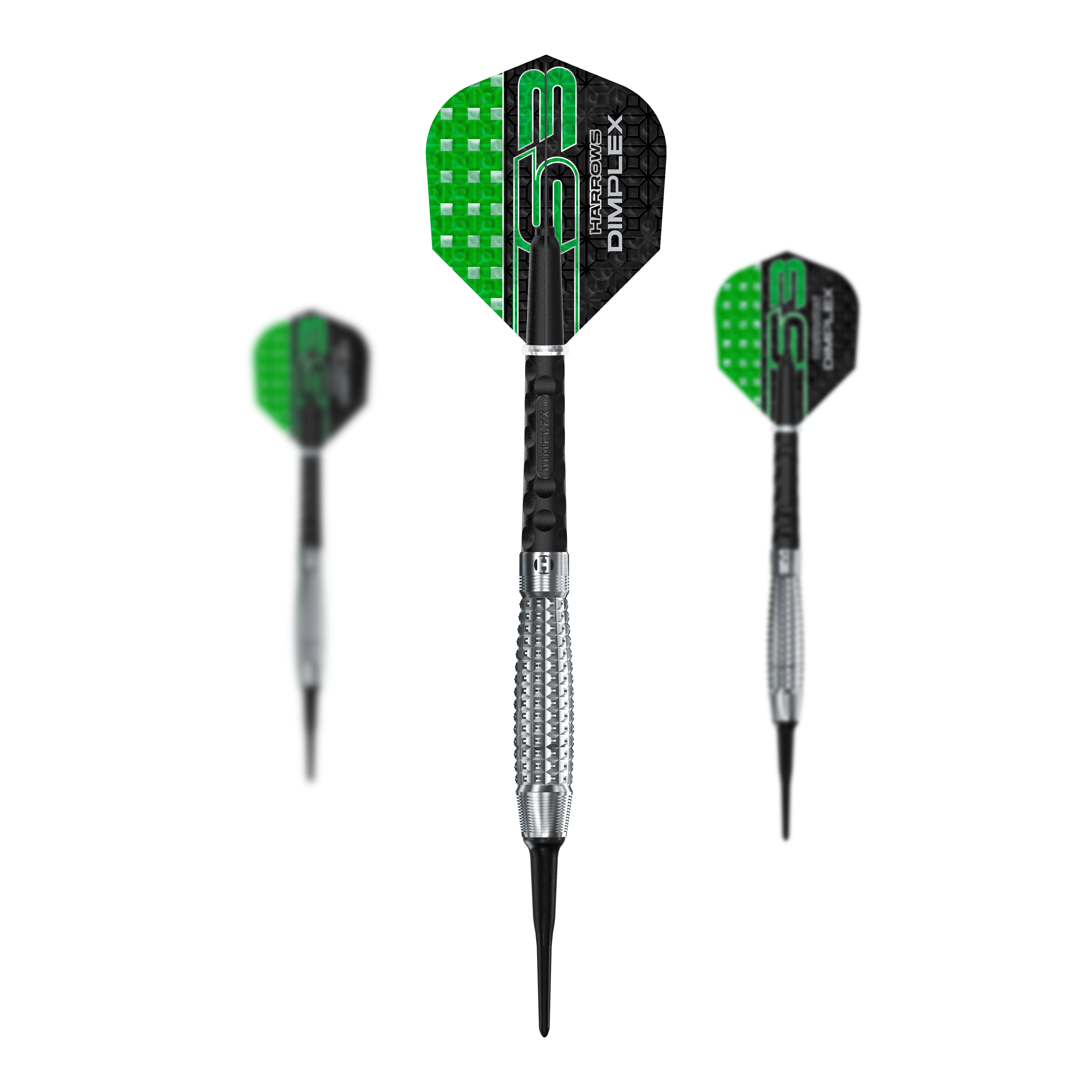 Harrows Dimplex S3 Bomb zachte darts Harrows Dimplex S3 Bomb Softdarts sind als Set abgebildet. Die Darts sind kompakt geformt.