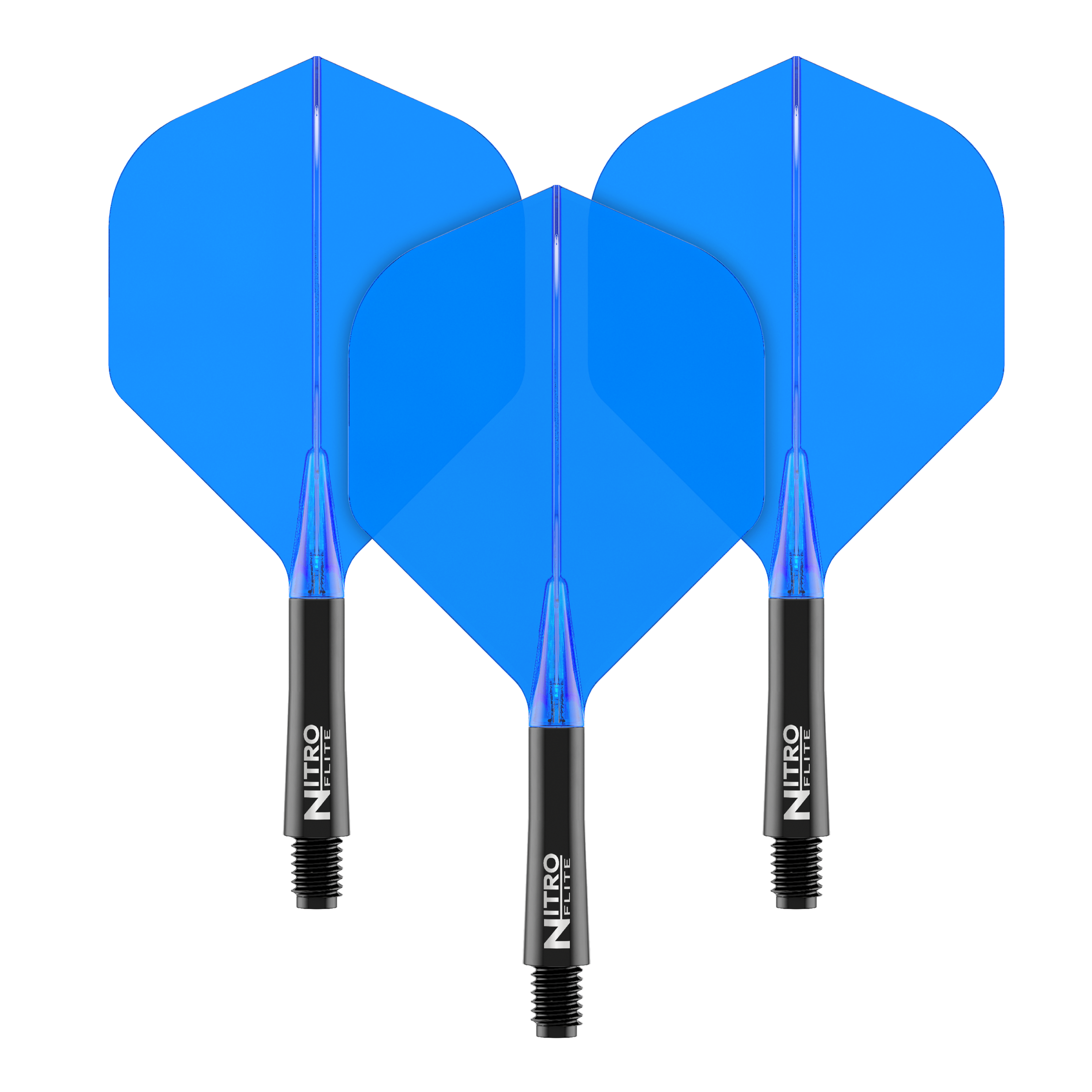 Das Bild zeigt drei blaue Dart-Flights mit schwarzen Schäften. Auf den Schäften steht der Schriftzug "Nitro Flite".