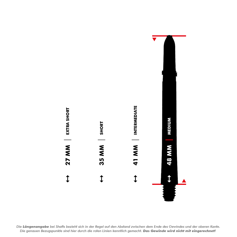 C175_Red_Dragon_Crossfire_Carbon_Fibre_Shafts_5_48mm Das Bild zeigt die RedDragon Crossfire Carbon Fibre Shafts in vier verschiedenen Längen: 27 mm, 35 mm, 41 mm und 48 mm. Jede Länge ist mit einer Bezeichnung wie Extra Short, Short, Intermediate und Medium versehen.
