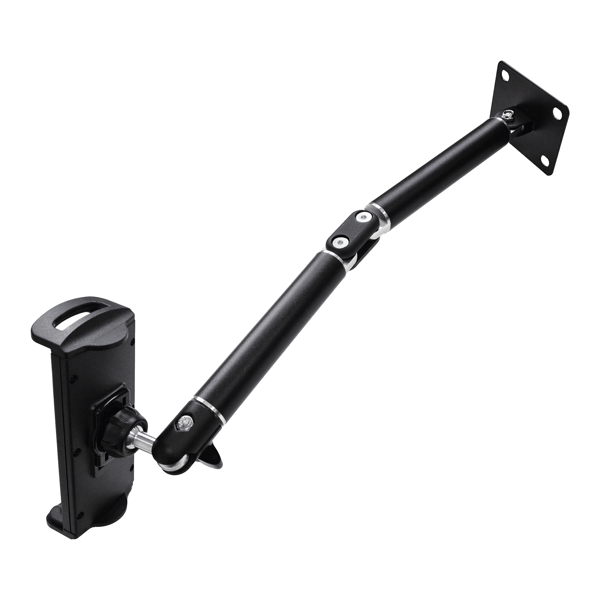 McDart TABFlex tablet muurbeugel met flexibele arm Dieses Bild zeigt die McDart TABFlex Tablet Wandhalterung mit flexiblem Arm. Die Halterung ist schwarz und lässt sich an der Wand befestigen, um ein Tablet flexibel auszurichten.