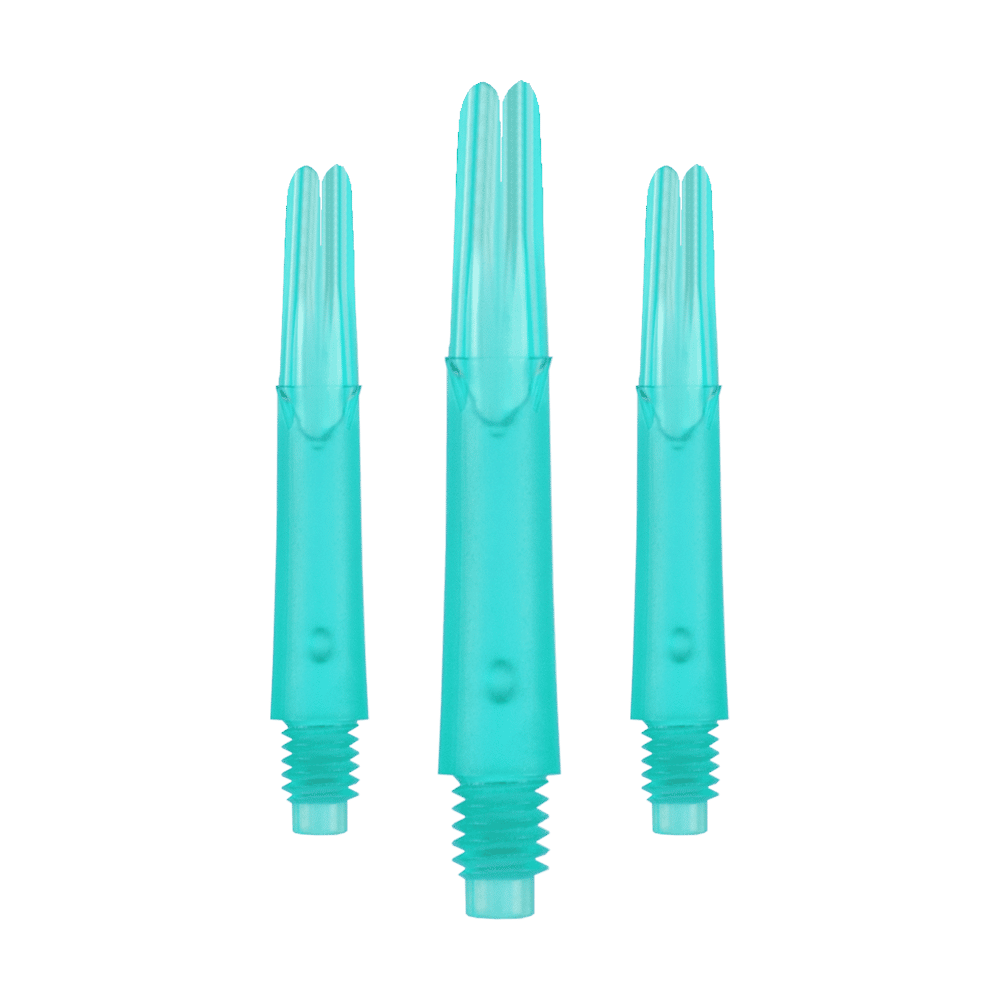 Das Bild zeigt drei türkisfarbene Dartshafts aus Kunststoff in einer Reihe. Sie haben ein gerades Design und sind unten mit einem Gewinde versehen.